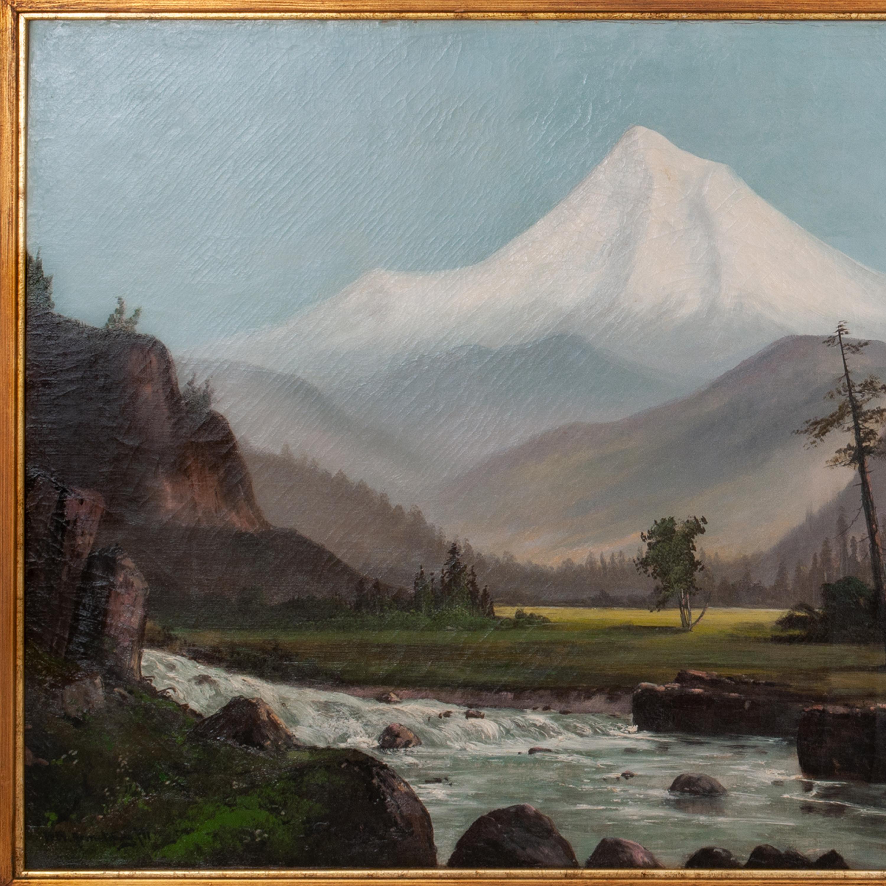 A large oil on Canvas painting by the California artist William Weaver Armstrong (1862-1906), Mount Hood Oregon landscape, circa 1885.
This large landscape depicts the majestic Mount Hood and the wooded landscape below with the White River to the