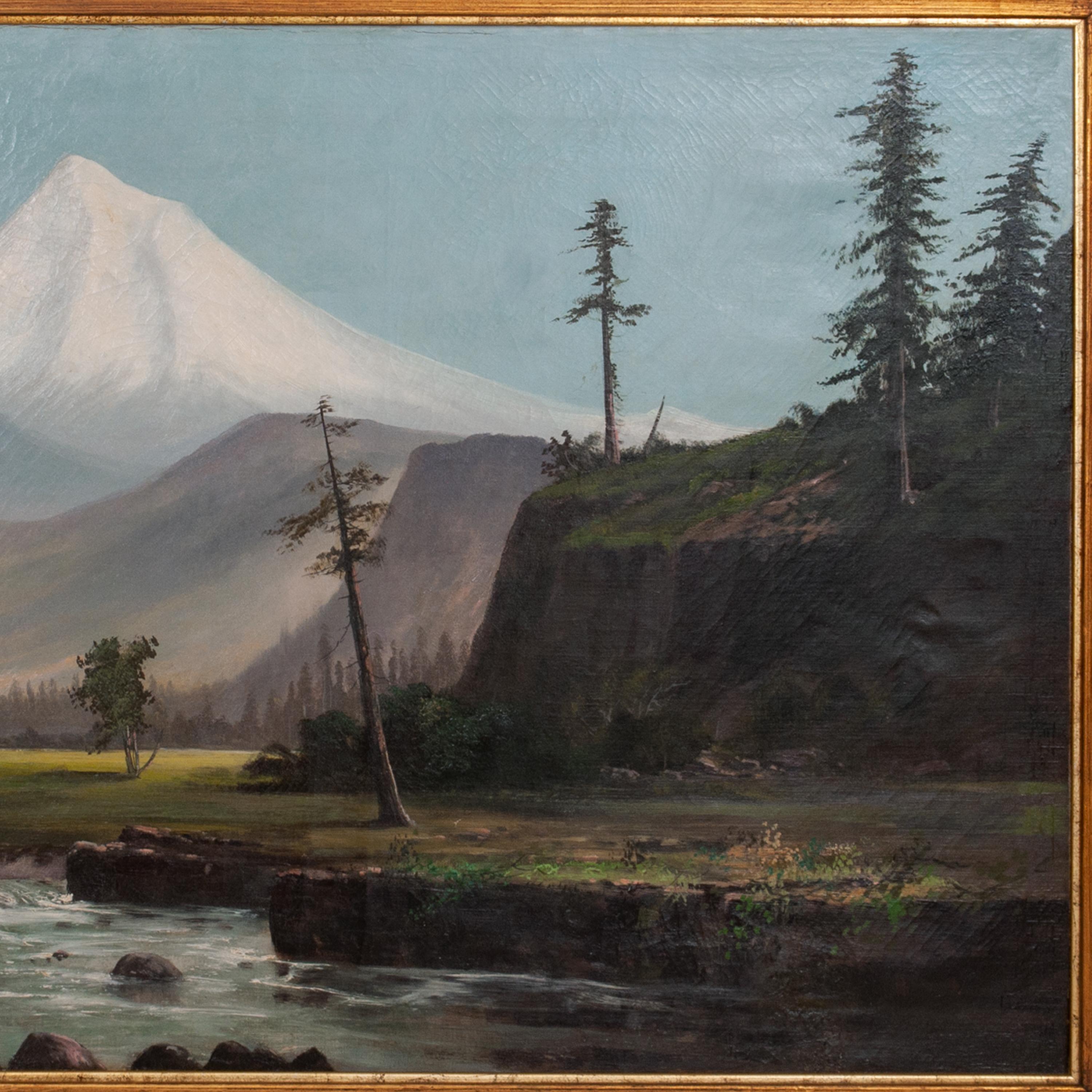 Peinture à l'huile ancienne de William Weaver Armstrong, paysage de mont Hood dans l'Oregon, 1885 - Marron Landscape Painting par William Weaver Armstrong 