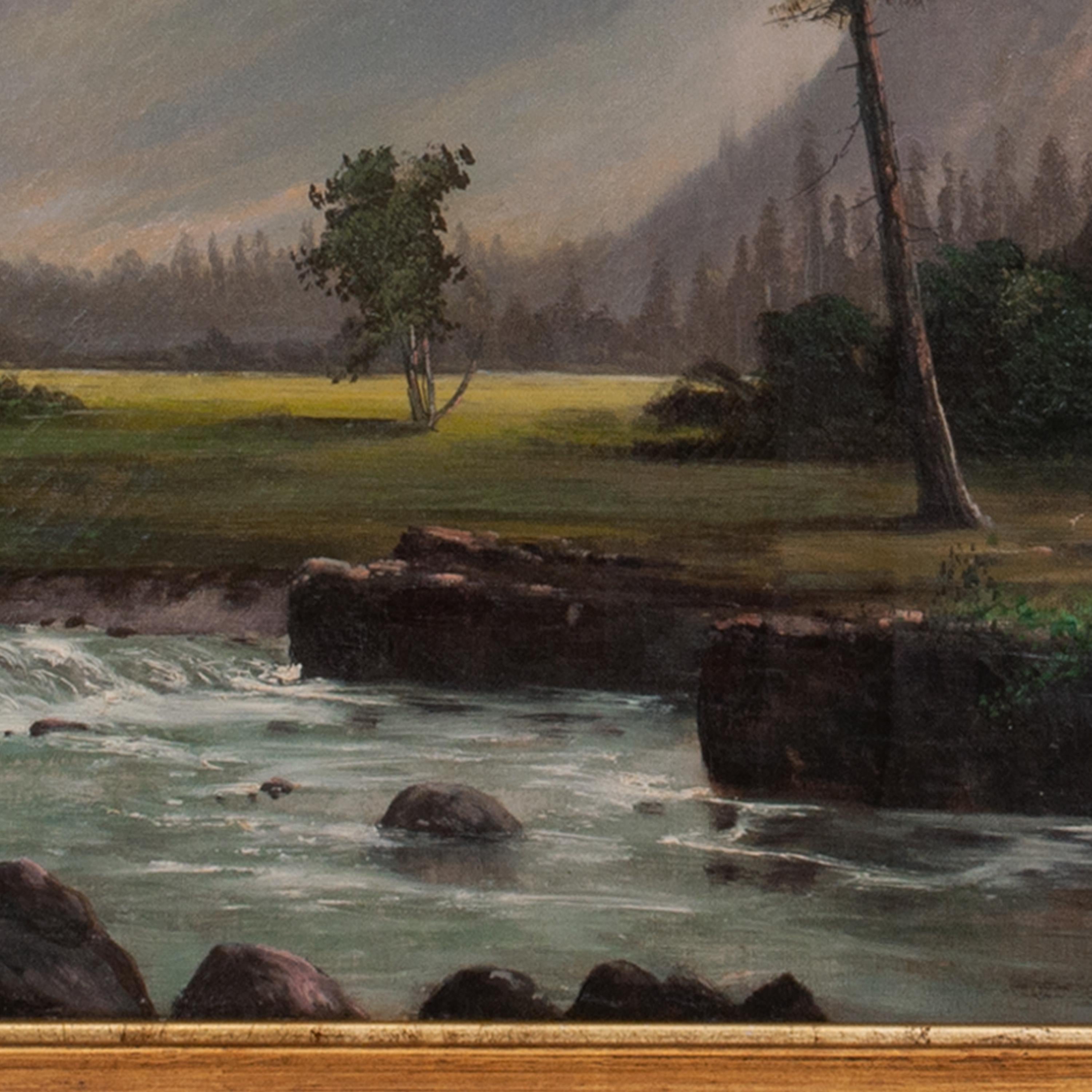 Grande huile sur toile de l'artiste californien William Weaver Armstrong (1862-1906), paysage du Mont Hood dans l'Oregon, vers 1885.
Ce grand paysage représente le majestueux Mont Hood et le paysage boisé en contrebas avec la rivière White au