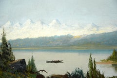 Indians in a Canoe on Lake Tahoe with Snow Covered Mountains - 19th Century Oil