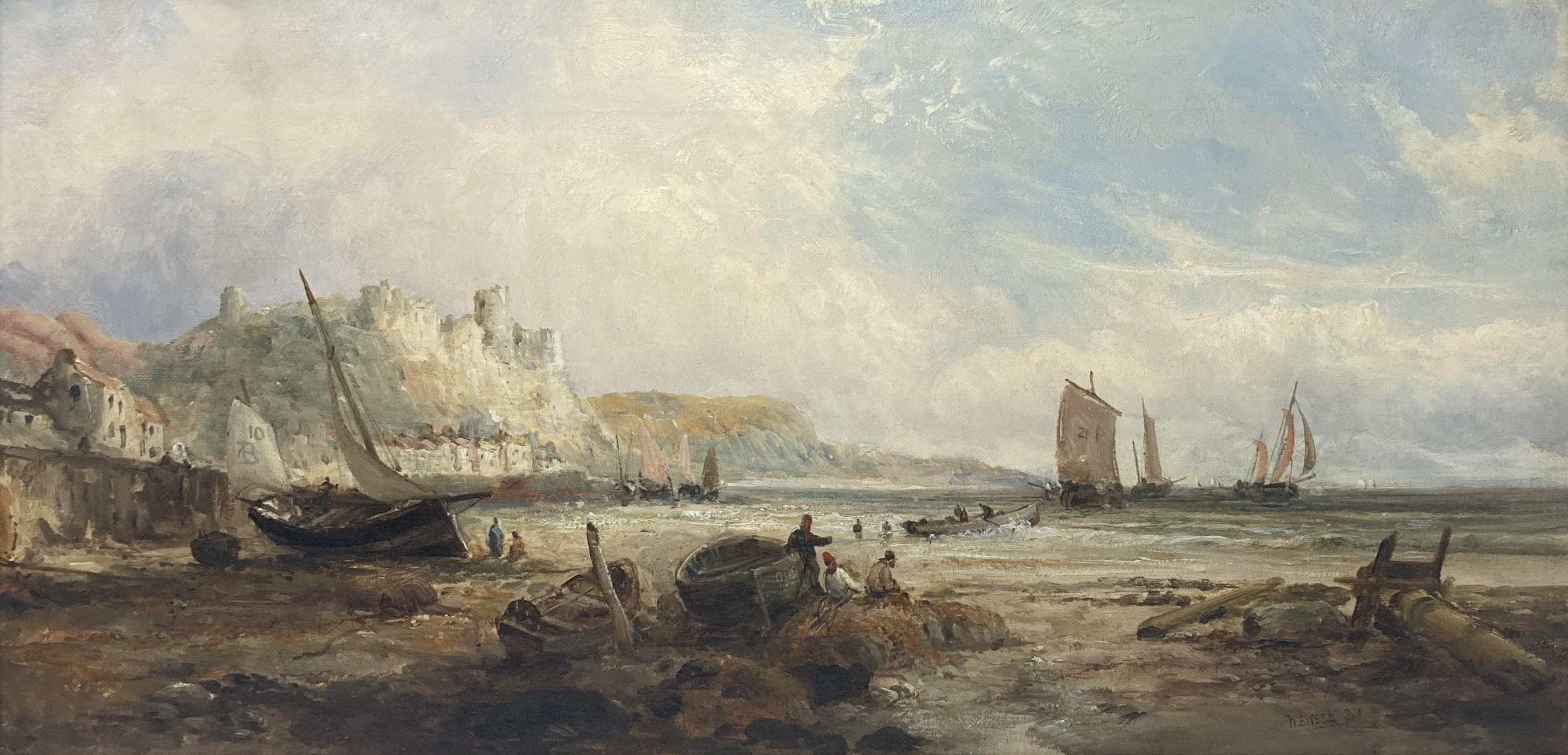 Hastings Castle from the beach  oil William Webb
A fine 19th century oil on canvas painting depicting Hastings Castle from the beach with fishermen and boats
housed in a git frame .Signed and dated W.E.WEBB 89 lower right
The size of the painting is