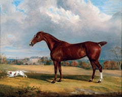 Maryann, A Chestnut hunter and a Spaniel in front of Kirby Mallory Hall