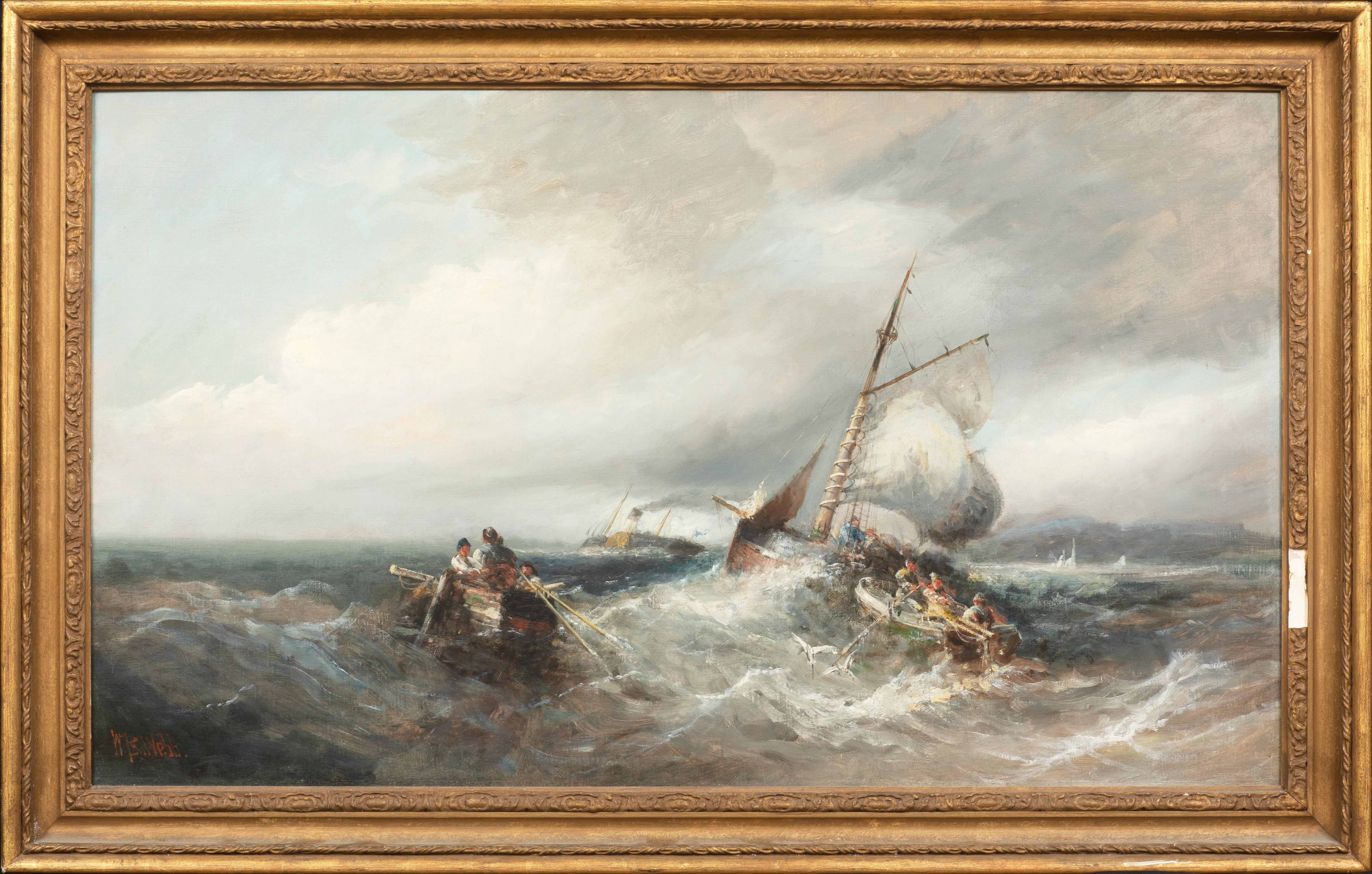 Barcos En Tormenta Frente A Un Puerto, Isla De Man Siglo XIX - Painting de William Webb