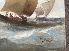 Viktorianisches Marineöl aus dem 19. Jahrhundert mit Schiff und Booten vor der Küste bei stürmischer See