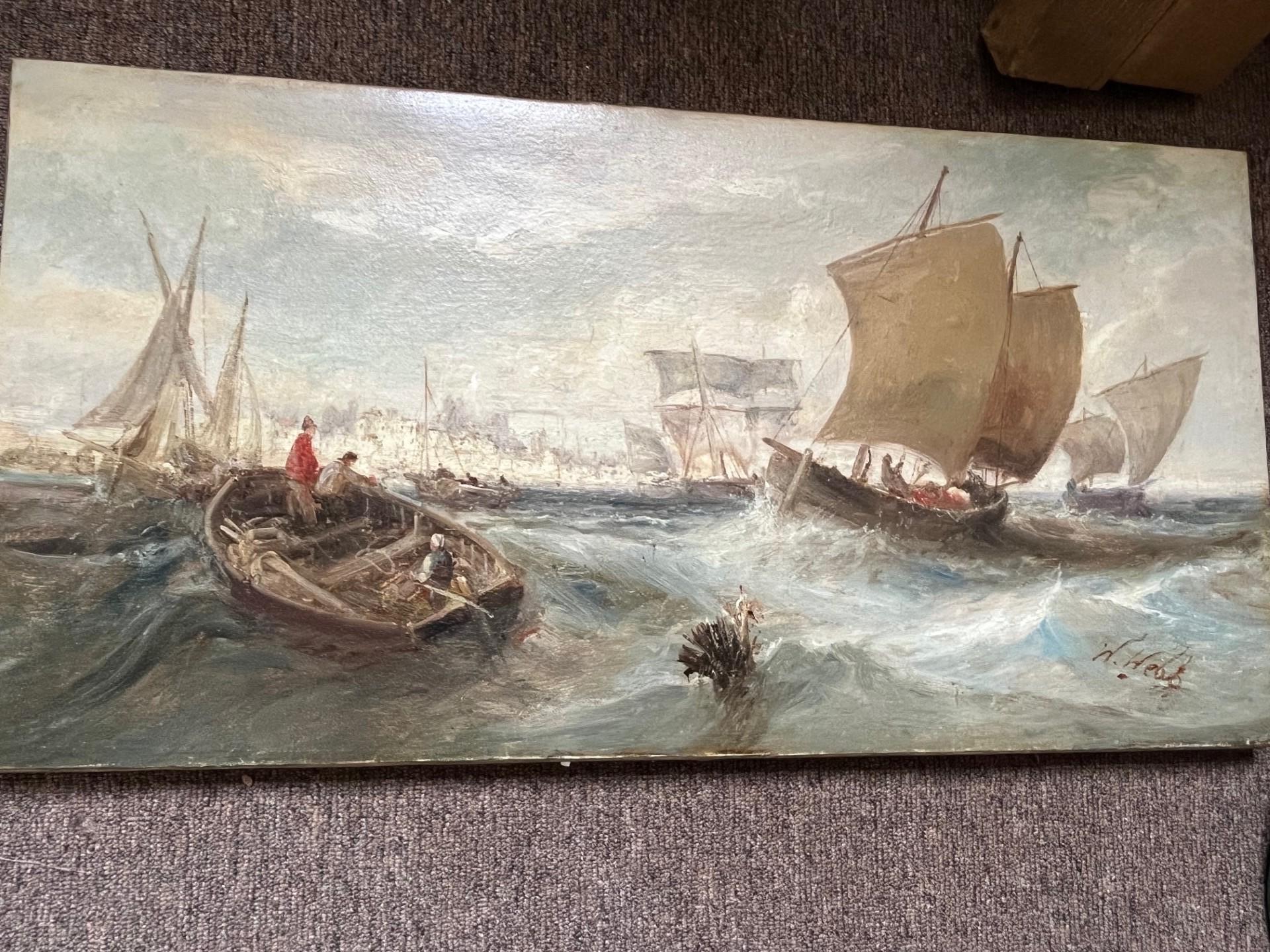 Pittura ad olio di Marin del XIX secolo vittoriana Navigazione al largo della costa con mare in tempesta in vendita 1