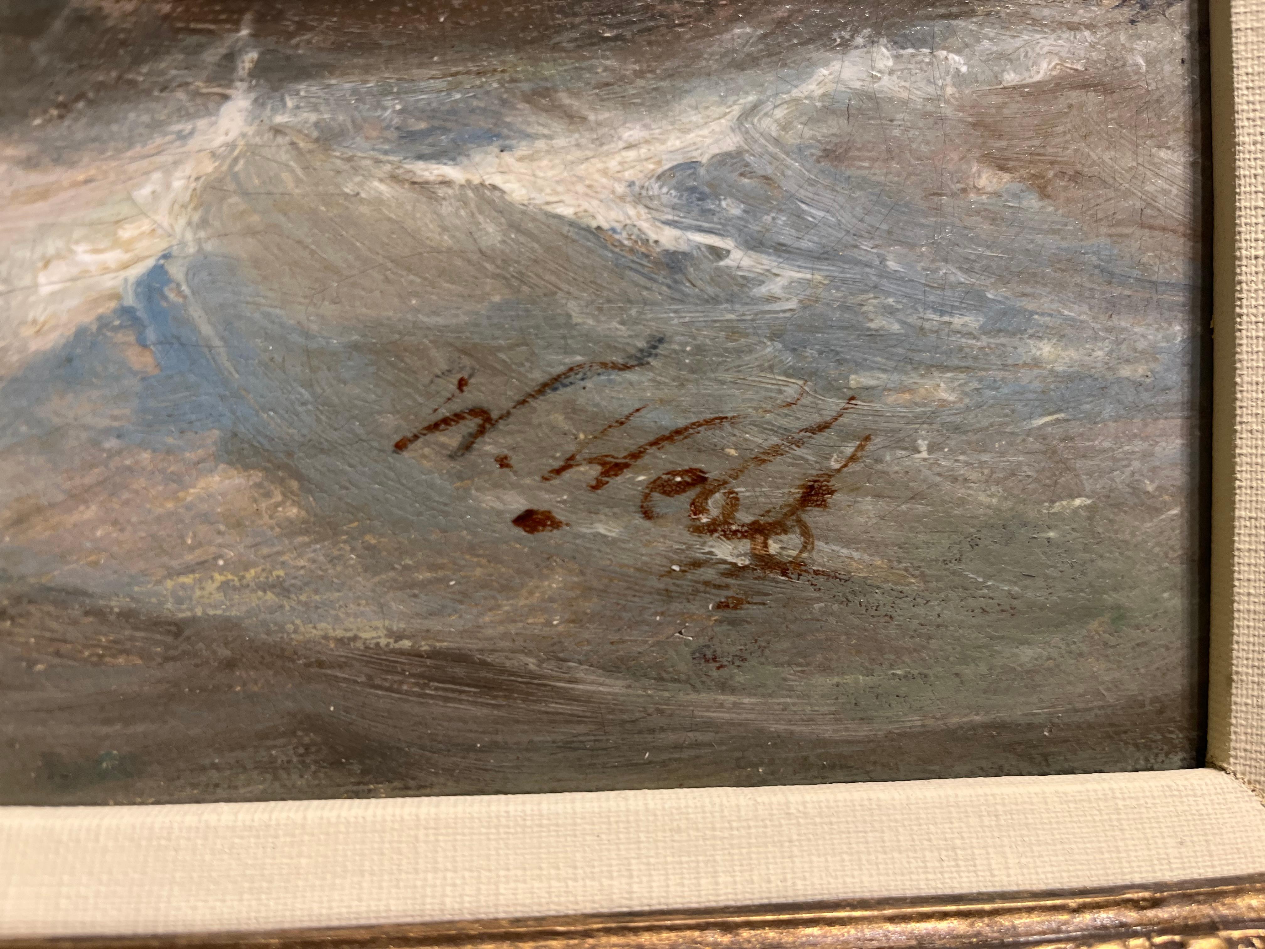 Óleo marino victoriano del siglo XIX Navegando frente a la costa en mares tormentosos en venta 6