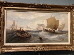 Pittura ad olio di Marin del XIX secolo vittoriana Navigazione al largo della costa con mare in tempesta
