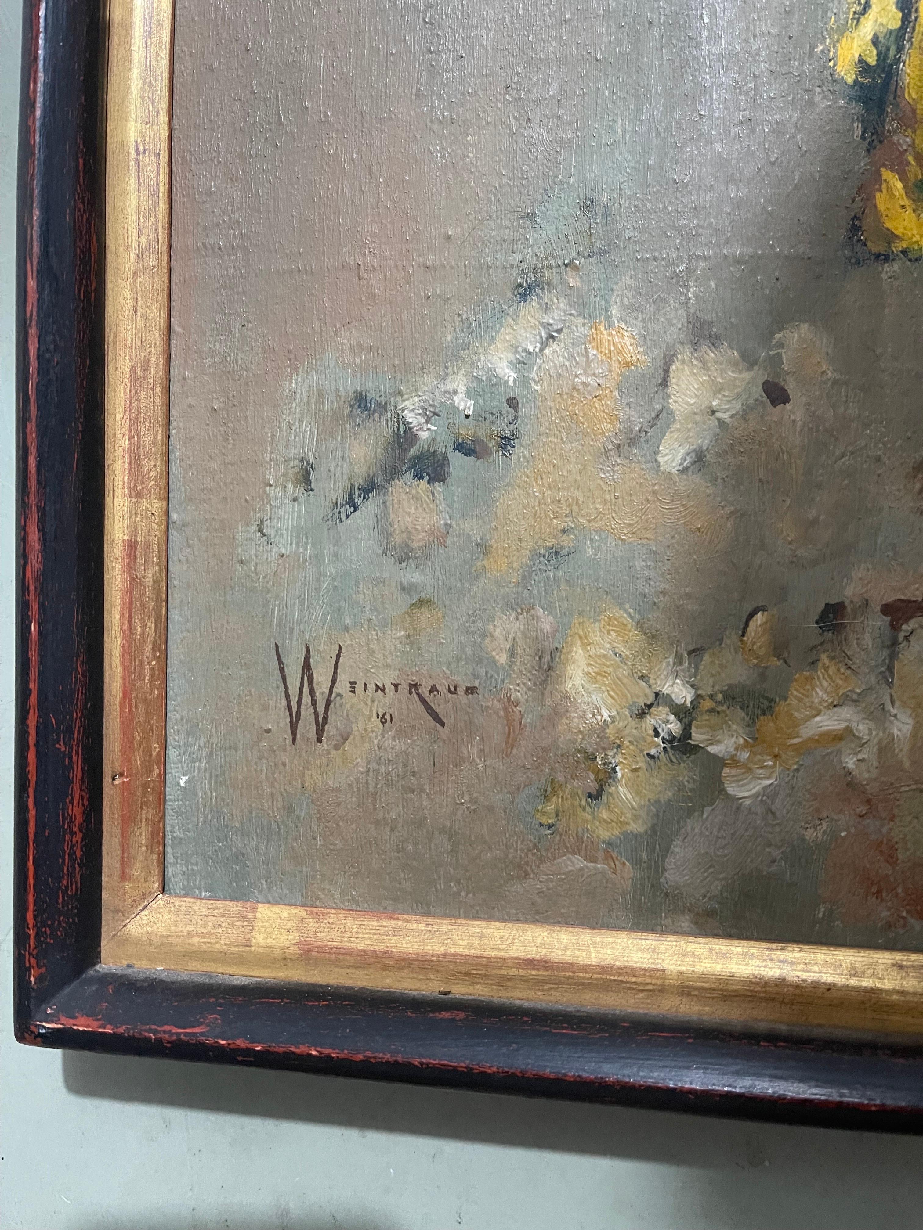 William (Sunny) Weintraub, Israeli (Born 1926) 
Oil on masonite
William Weintraub (He was also known as Shlomo Weintraub and nicknamed Sonny Weintraub)
Genre: Impressionist
Subject: Portrait
Medium: Oil
Surface: Canvas
Dimensions: framed 29 X 21.5.