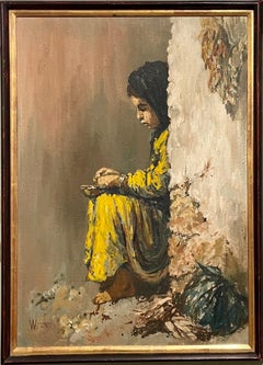 Peinture à l'huile expressionniste orientaliste du Moyen-Orient d'un enfant juif ou arabe 