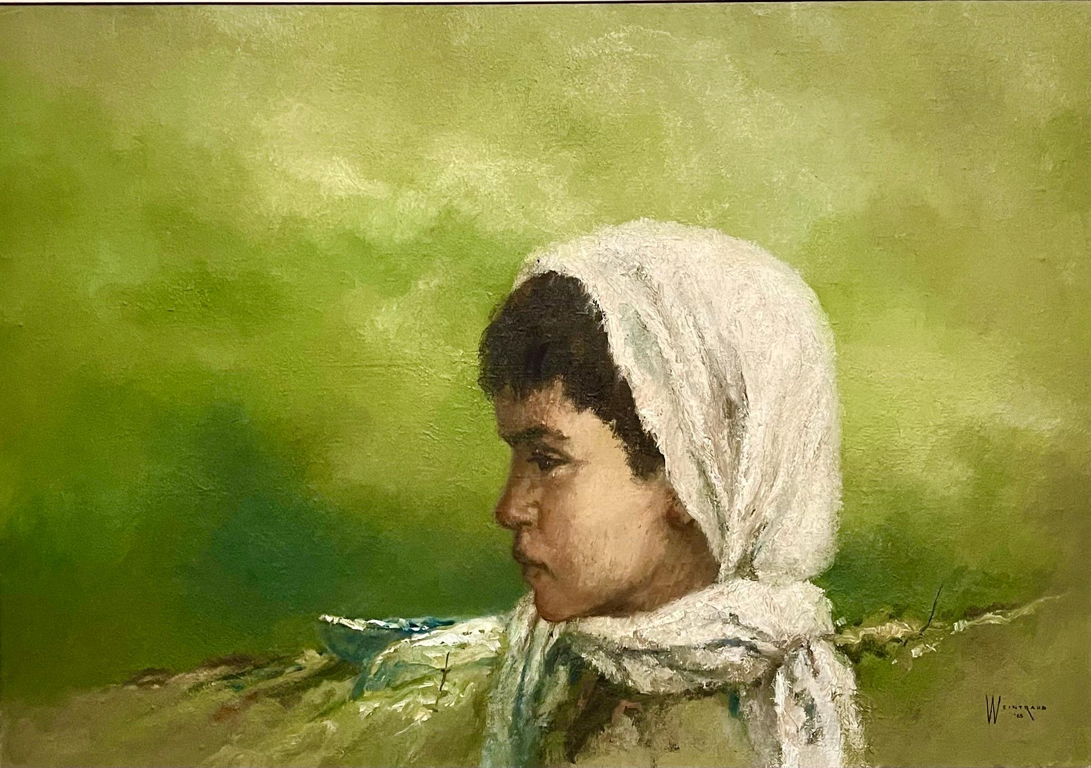 Large Israeli Expressionist Orientalist Oil Painting Draped Child Kibbutz Art - Brown Figurative Painting by William Weintraub