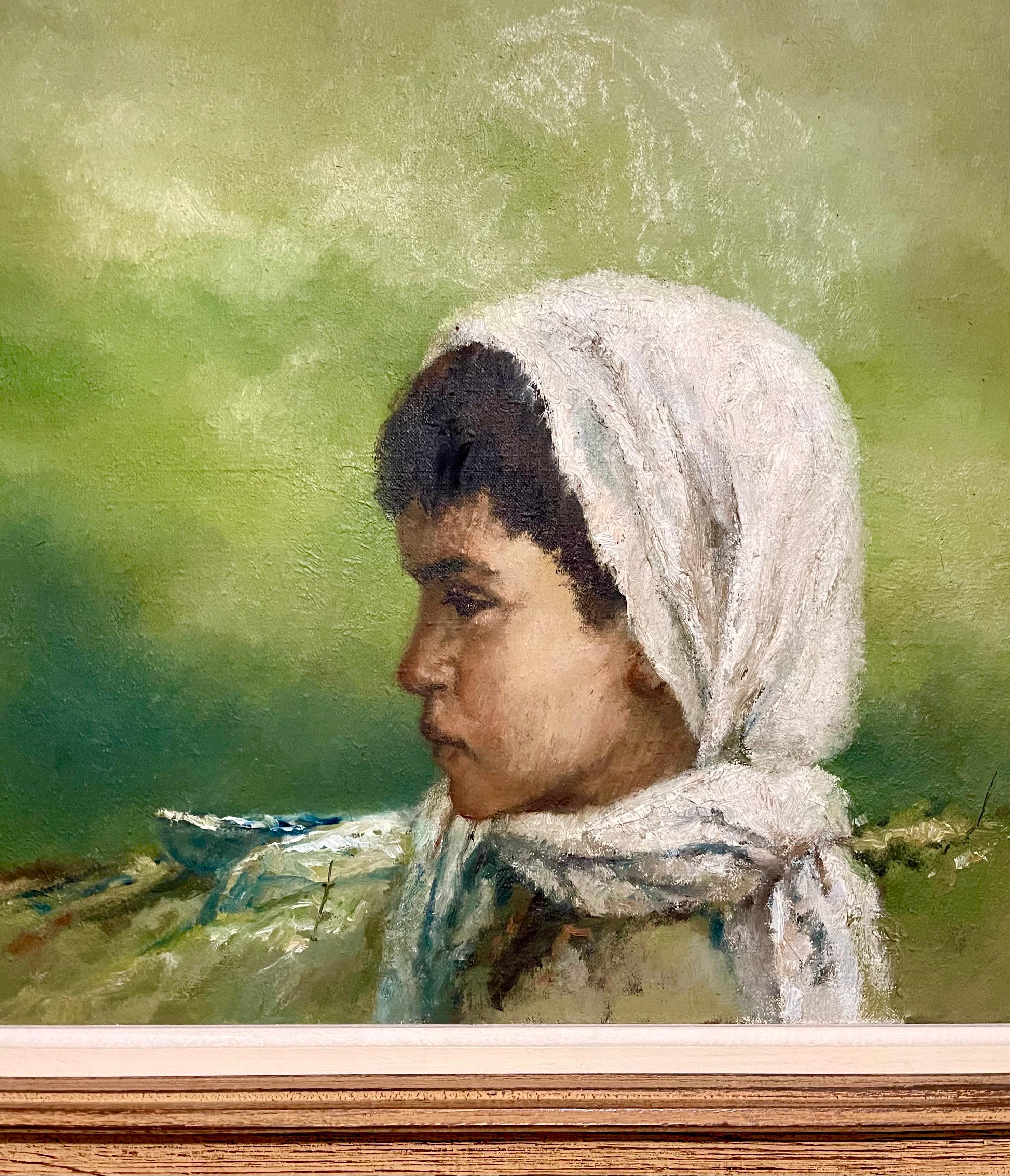 Grande peinture à l'huile expressionniste orientaliste israélienne d'un enfant drapé Kibbutz Art - Marron Portrait Painting par William Weintraub