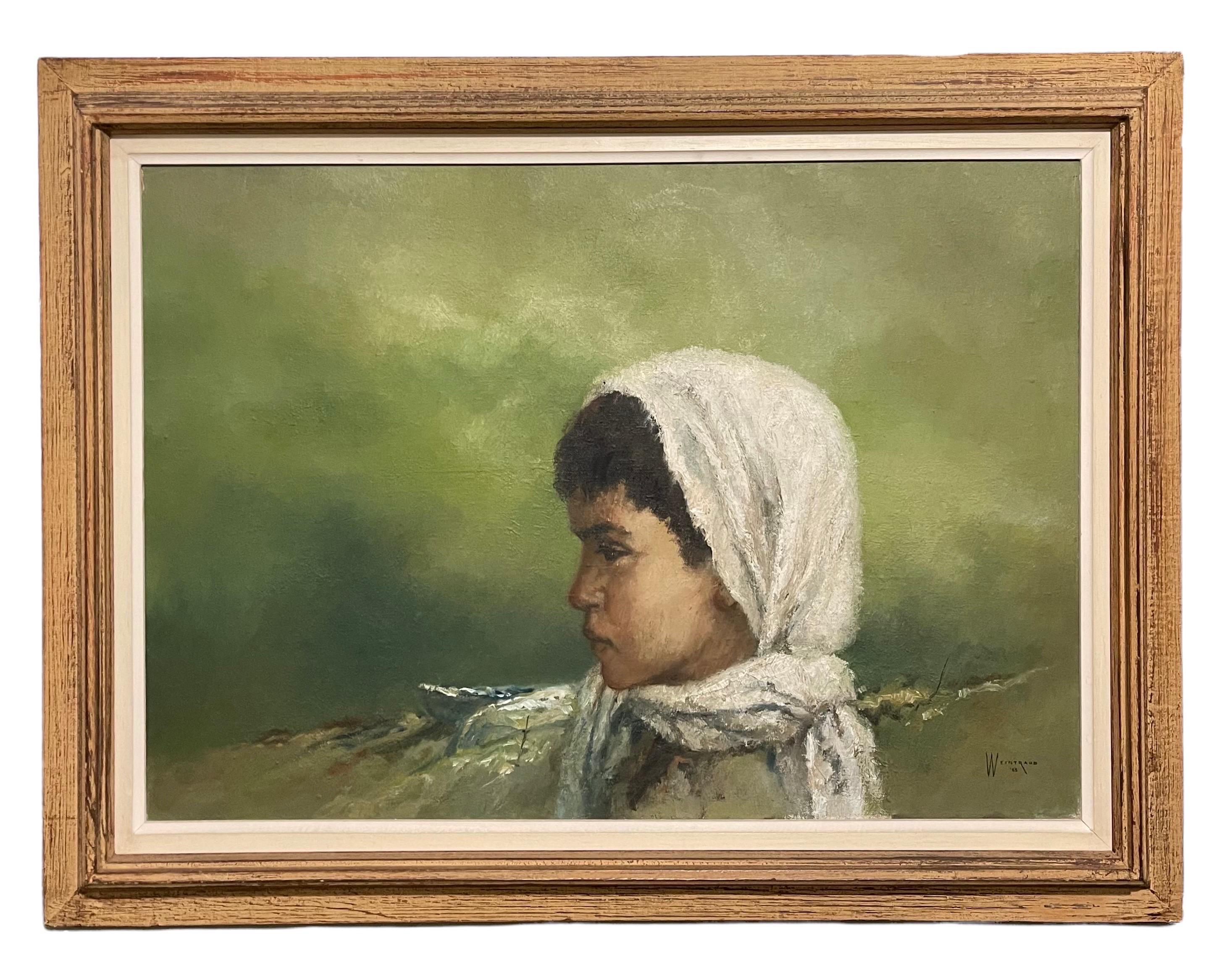Grande peinture à l'huile expressionniste orientaliste israélienne d'un enfant drapé Kibbutz Art en vente 3
