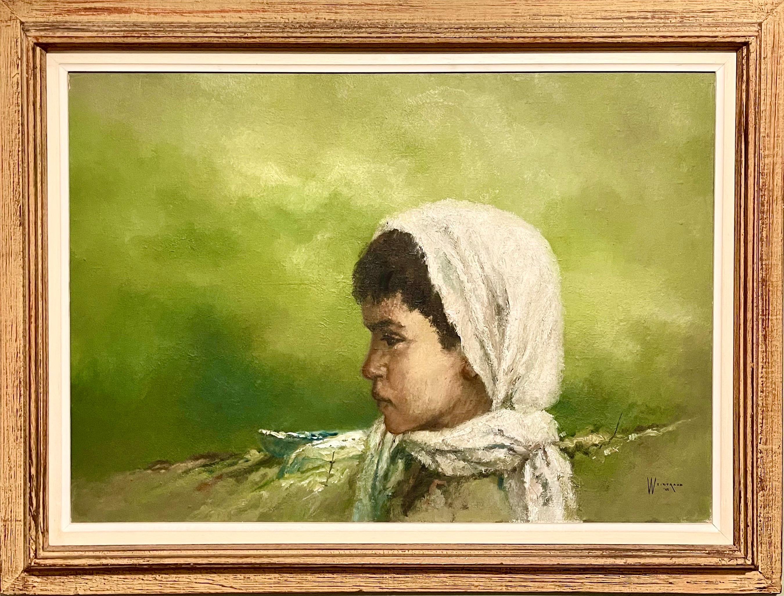 Portrait Painting William Weintraub - Grande peinture à l'huile expressionniste orientaliste israélienne d'un enfant drapé Kibbutz Art