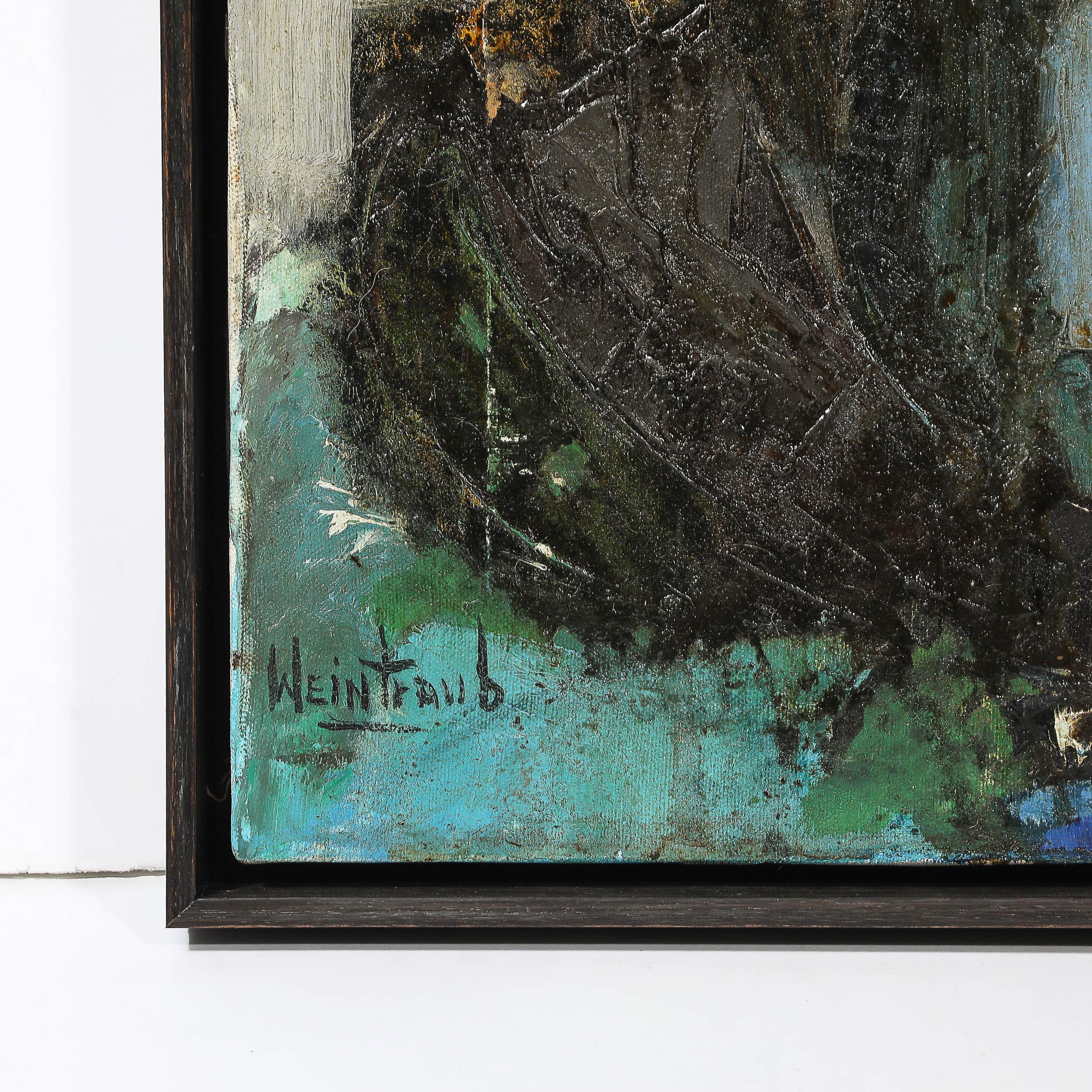 Dieses fesselnde Gemälde aus der Mitte des Jahrhunderts zeigt ein abstraktes Stillleben, das in Öl auf Leinwand gemalt und vom Künstler Weintraub signiert wurde. Dieses in den 1960er Jahren entstandene amerikanische Kunstwerk verkörpert den