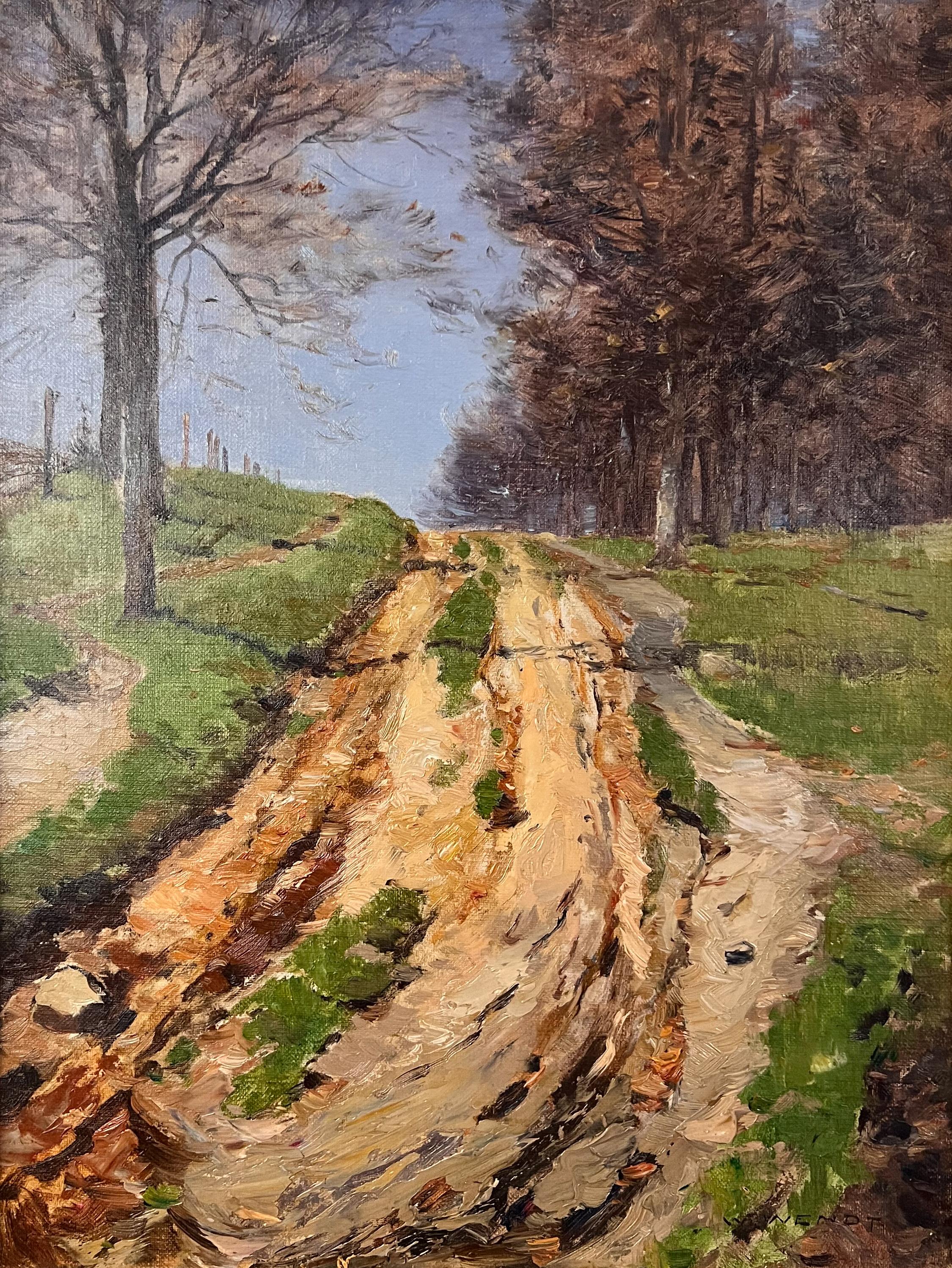 Peinture à l'huile d'un paysage californien. Paysage impressionniste de la route sinueuse verte. - Painting de William Wendt