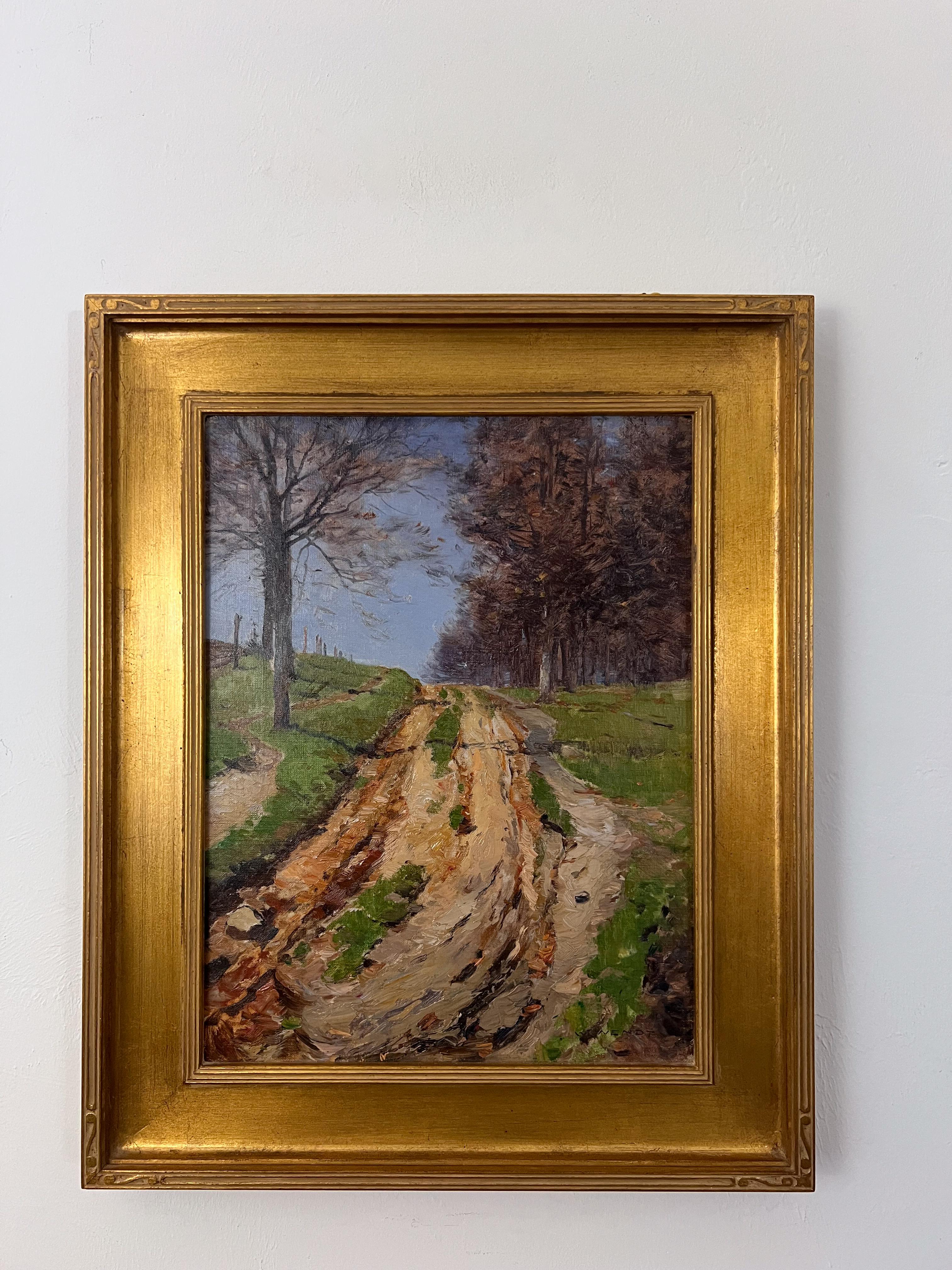 Peinture à l'huile d'un paysage californien. Paysage impressionniste de la route sinueuse verte. - Marron Landscape Painting par William Wendt