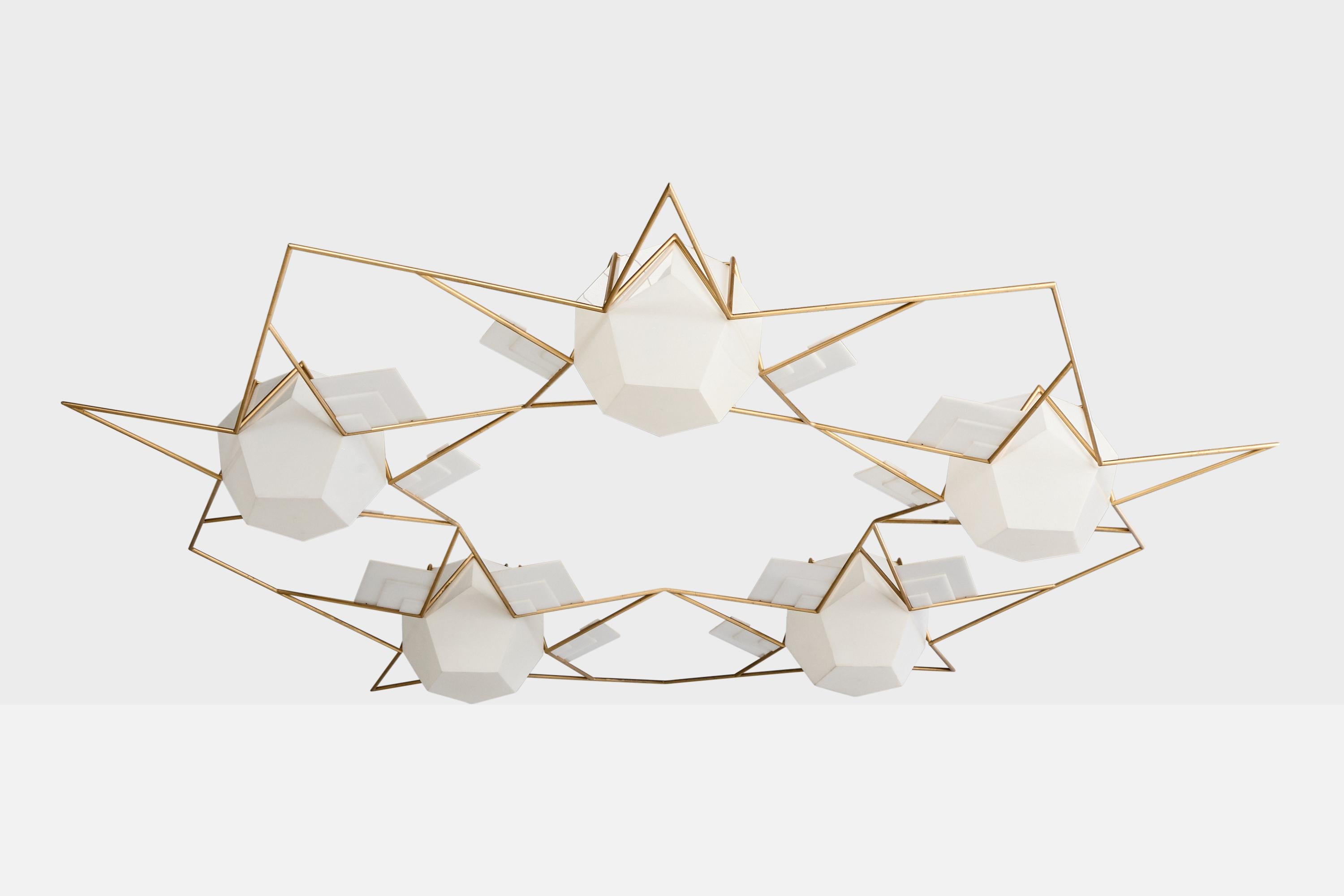 A monumental gold-lacquered metal and white opaline acrylic chandelier design attributed to William Wesley Peters.

Commission work produced by Taliesin Associated Architects for William Wesley Peters-achitected Ascension Lutheran Church, Paradise