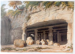 Grand temple indien d'Eléphant Bombay en aquatinte colorée à la main, 19ème siècle