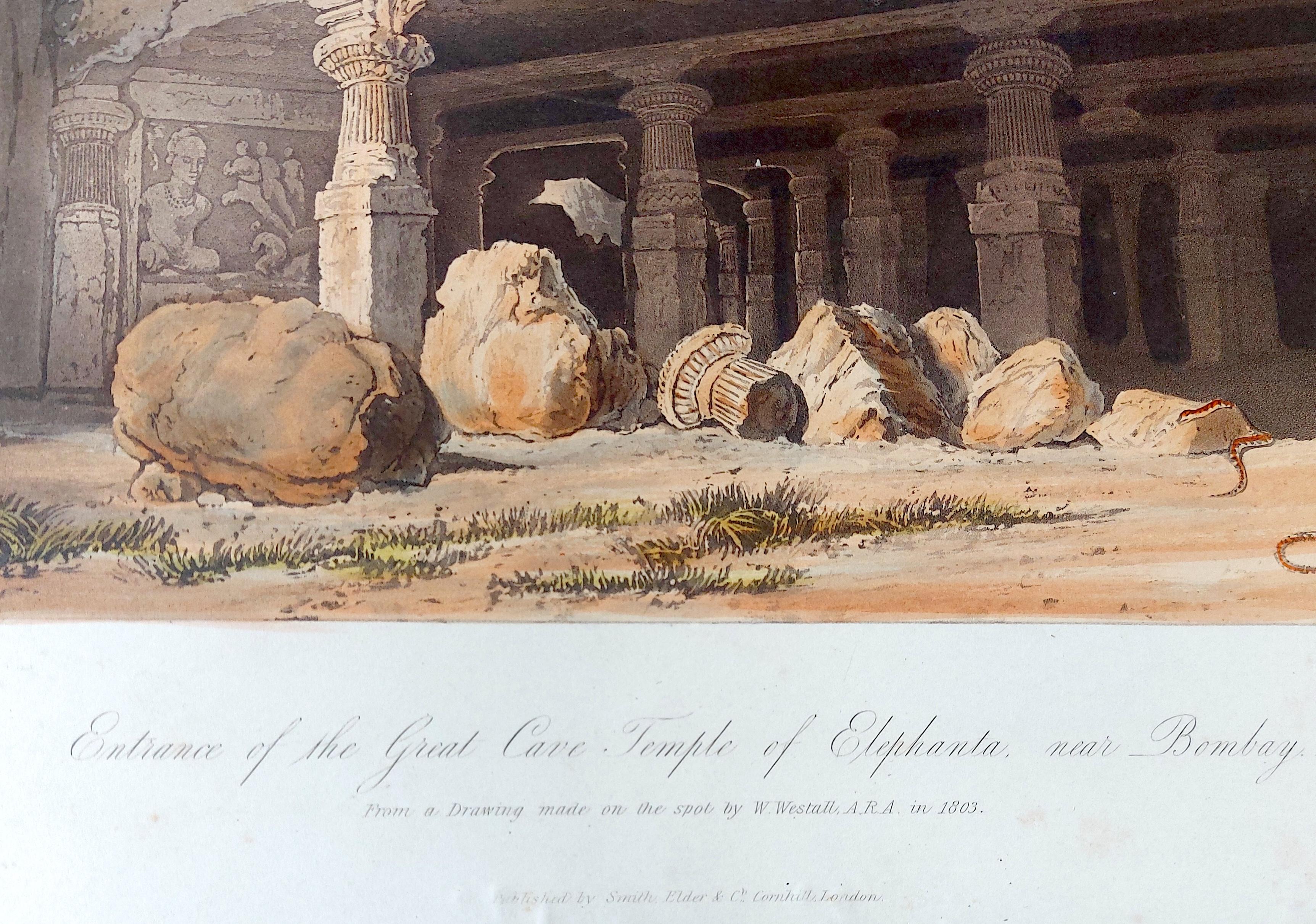 India Hand Coloured Aquatint Great Cave Temple of Elephanta Bombay 19th century - Brown Print by William Westall