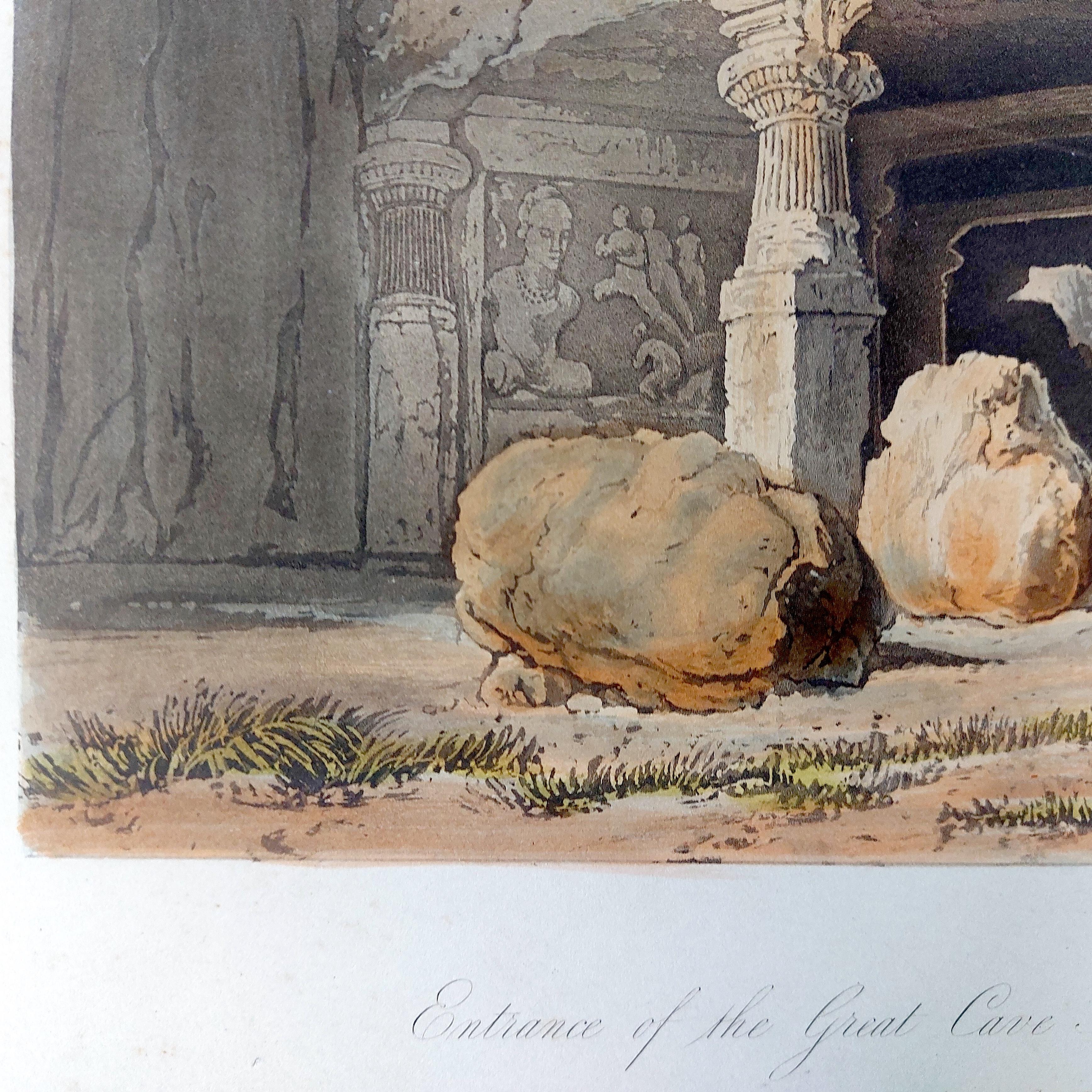 William Westall
Entrance of the great Cave Temple of Elephanta, near Bombay, drawn in 1803
Aquatint, coloured. Published 1830, 
Image size 20.5 x 29 cm
Plate Size 32 x 41cm

This rare, hand-coloured aquatint is plate 29 of Robert Melville Grindlay's
