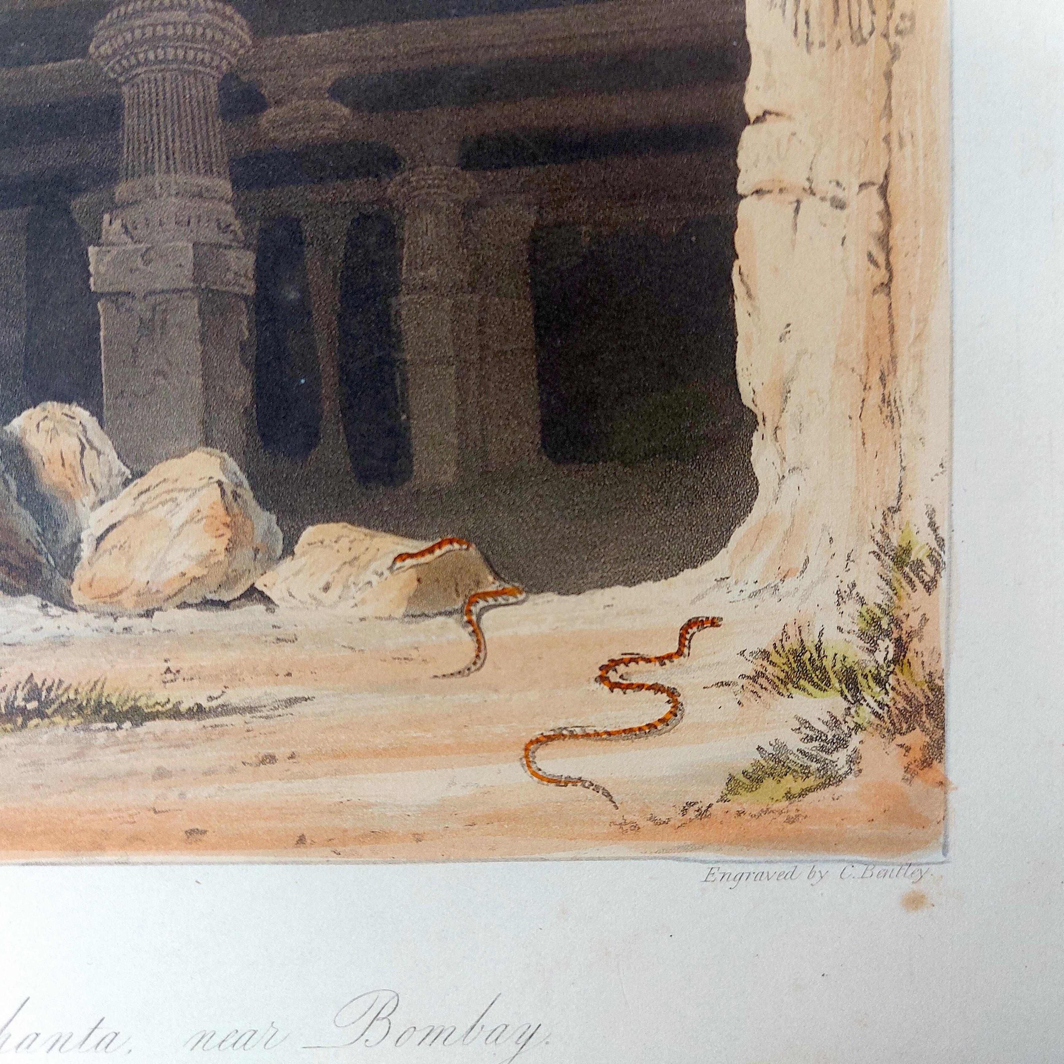 India Hand Coloured Aquatint Great Cave Temple of Elephanta Bombay 19th century 1