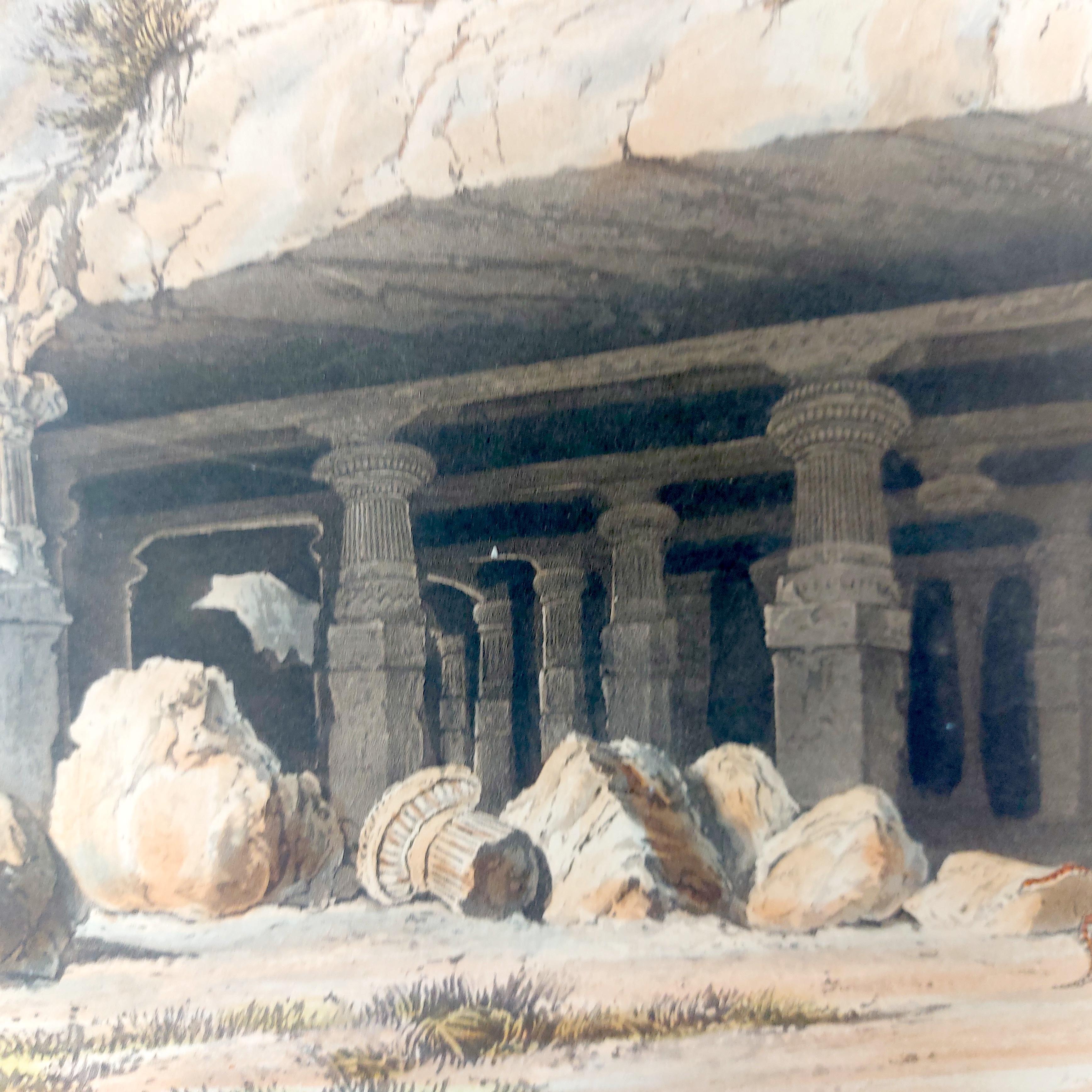 India Hand Coloured Aquatint Great Cave Temple of Elephanta Bombay 19th century 3
