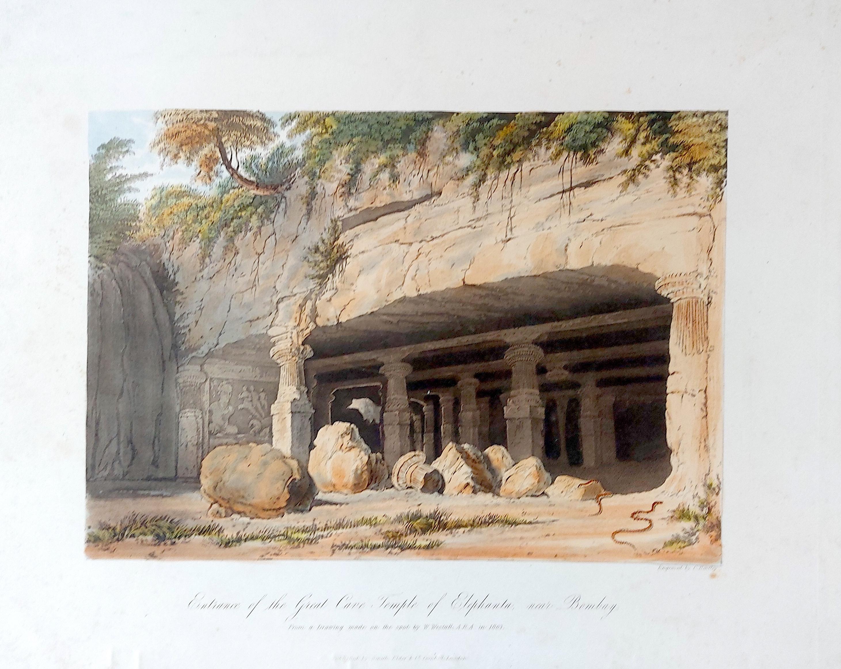 India Hand Coloured Aquatint Great Cave Temple of Elephanta Bombay 19th century 4