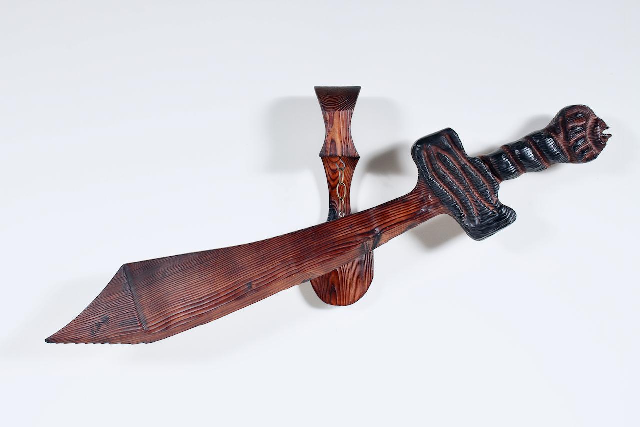 American Craftsman William Westenhaven, WITCO Suspended Wooden Sword Wall Hanging, C. 1960 For Sale
