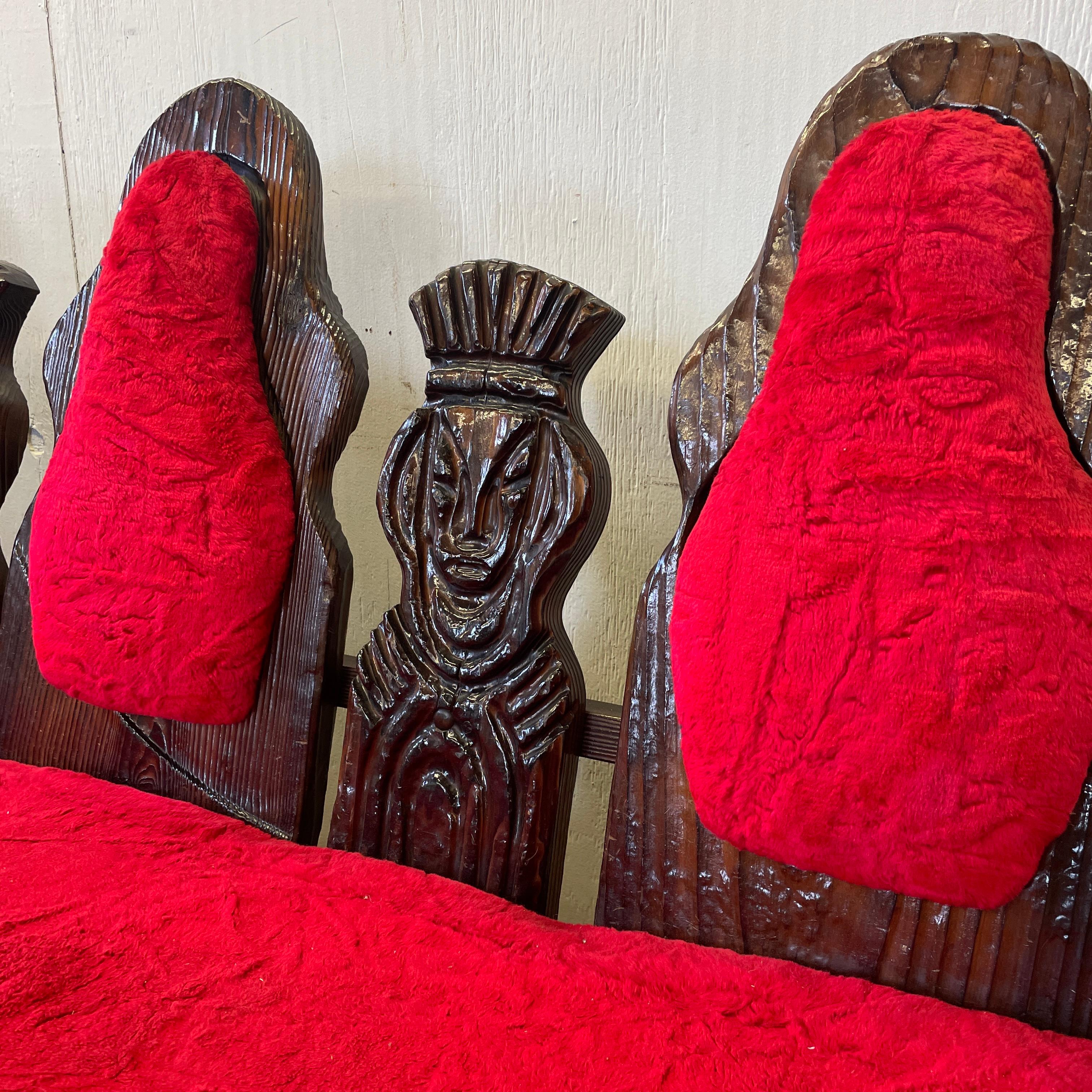 An intricate wooden tiki Witco three seater sofa. Excellent condition. No stains or tears. Robert Post Junior and Artist William Westenhaver created Witco in 1959. The delightfully dramatic furniture was so beloved during the period that Elvis