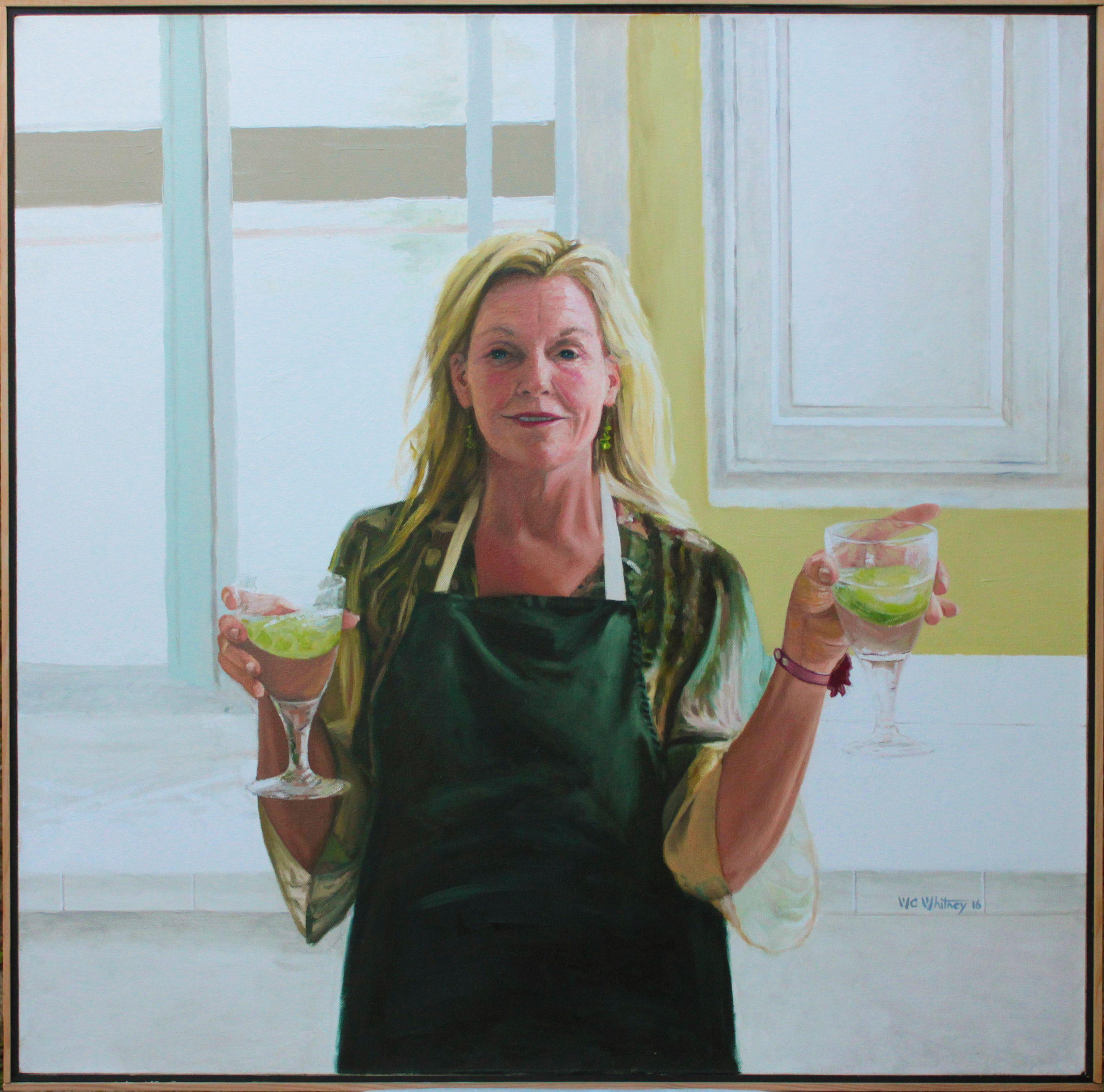 My wife, Cheryl holding two water glasses. :: Painting :: Realism :: This piece comes with an official certificate of authenticity signed by the artist :: Ready to Hang: Yes :: Signed: Yes :: Signature Location: lower right :: Canvas :: Diagonal ::