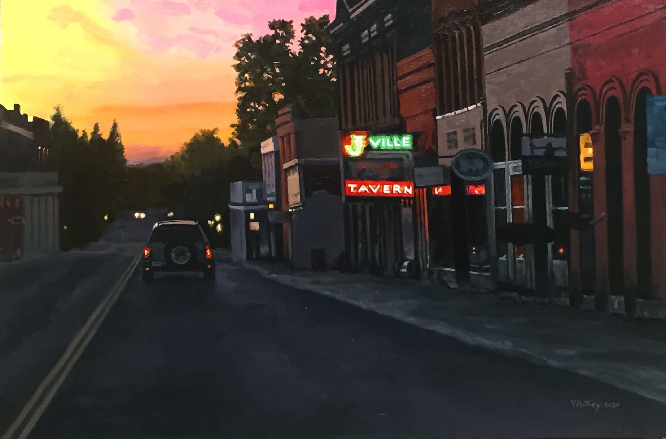 Sunrise in the historic town of Jacksonville, Oregon with the J'ville Tavern neon sign on.. :: Painting :: Realism :: This piece comes with an official certificate of authenticity signed by the artist :: Ready to Hang: Yes :: Signed: Yes ::
