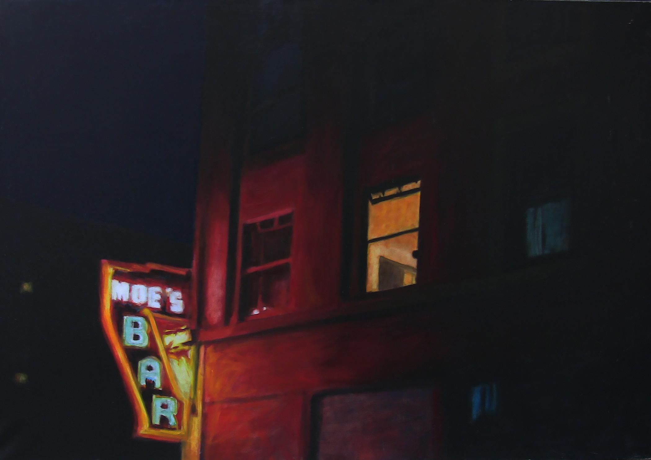 Night scene of Moe's Bar, a location in downtown Cleveland, Ohio. :: Painting :: Realism :: This piece comes with an official certificate of authenticity signed by the artist :: Ready to Hang: Yes :: Signed: Yes :: Signature Location: bottom right