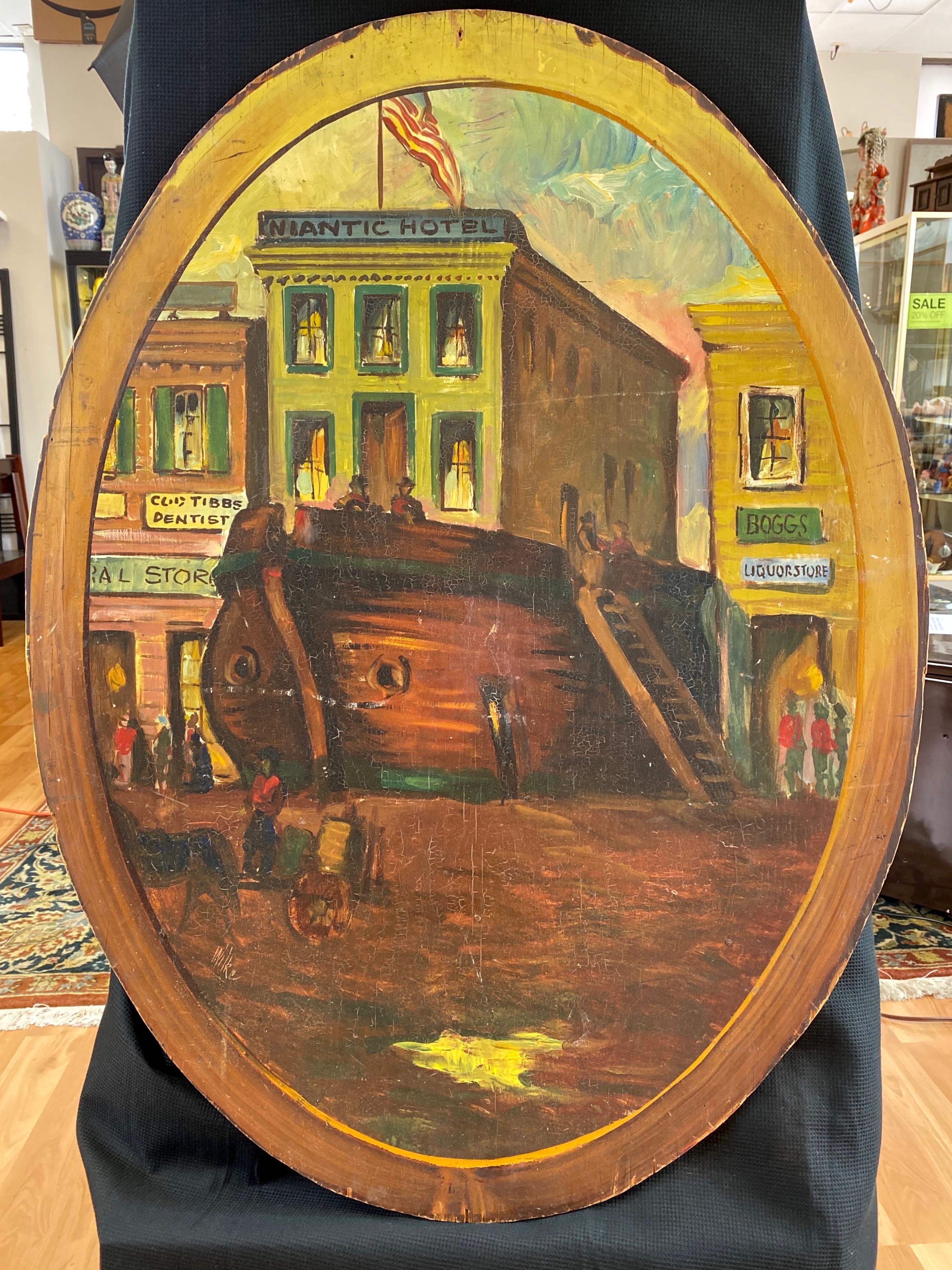 A large and evocative impressionist oil painting on oval panel by William Wilke depicting the California Gold Rush-era ship Niantic and the namesake hotel that arose from its hull, pictured as the iconic San Francisco site would’ve looked in 1850.