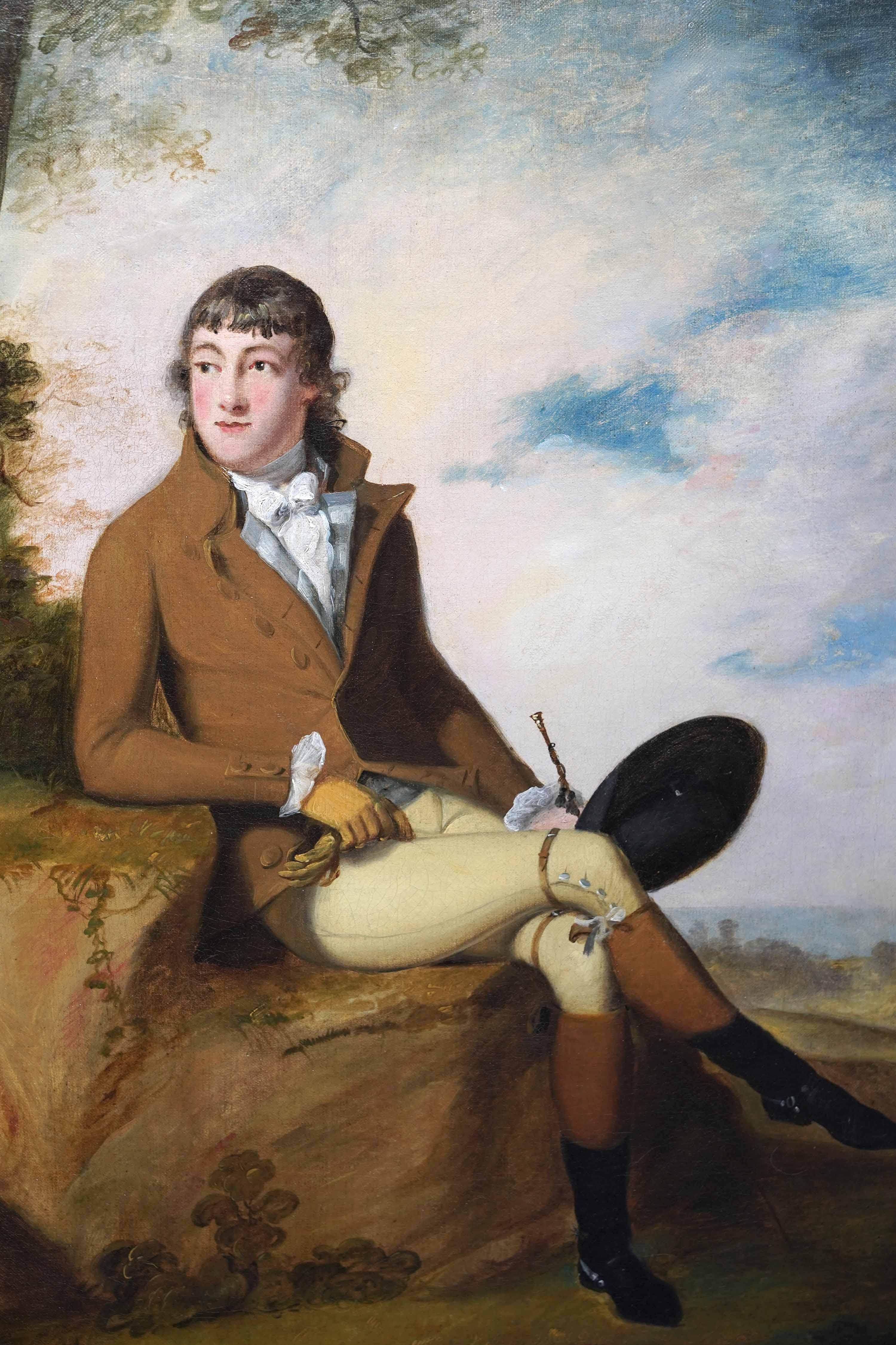 Ritratto di gentiluomo in un paesaggio - Quadro ad olio d'arte antica britannica - Portrait Painting Grigio di William Williams