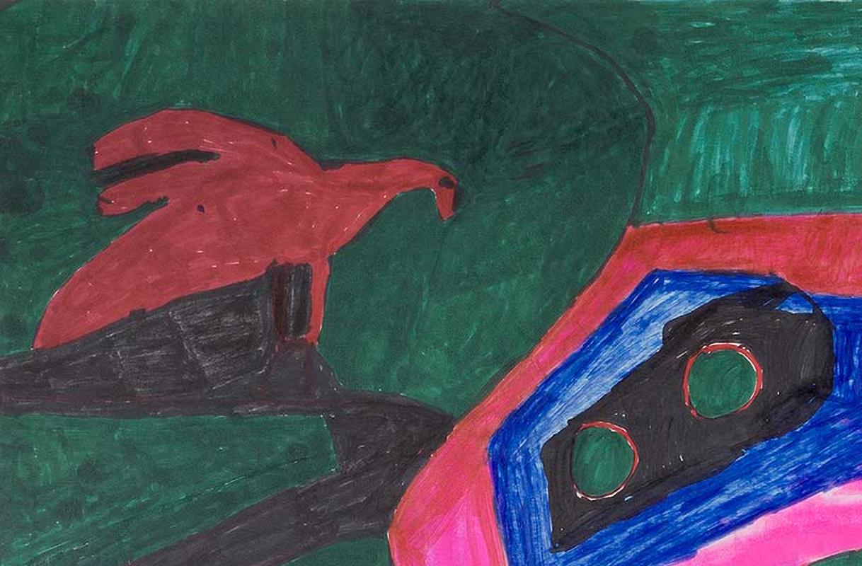 Untitled 4 - Bird and Man in Nature - Outsider Art Painting by William 