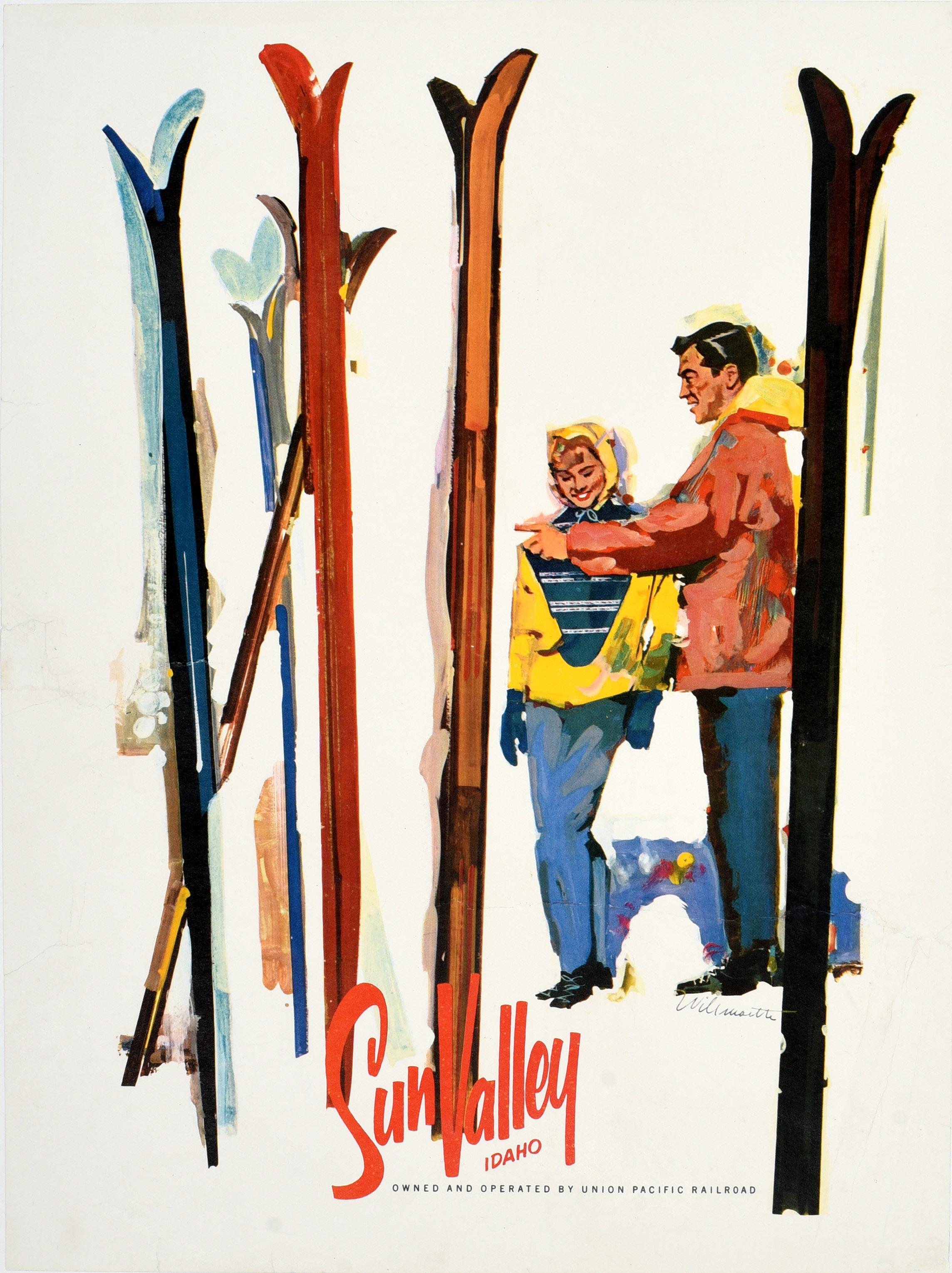 Original vintage winter sport travel poster advertising the Sun Valley ski resort in Idaho Owned and operated by Union Pacific Railroad (1936-1964). Colourful artwork by the American artist William Willmarth (1898-1984) depicting a fashionable young