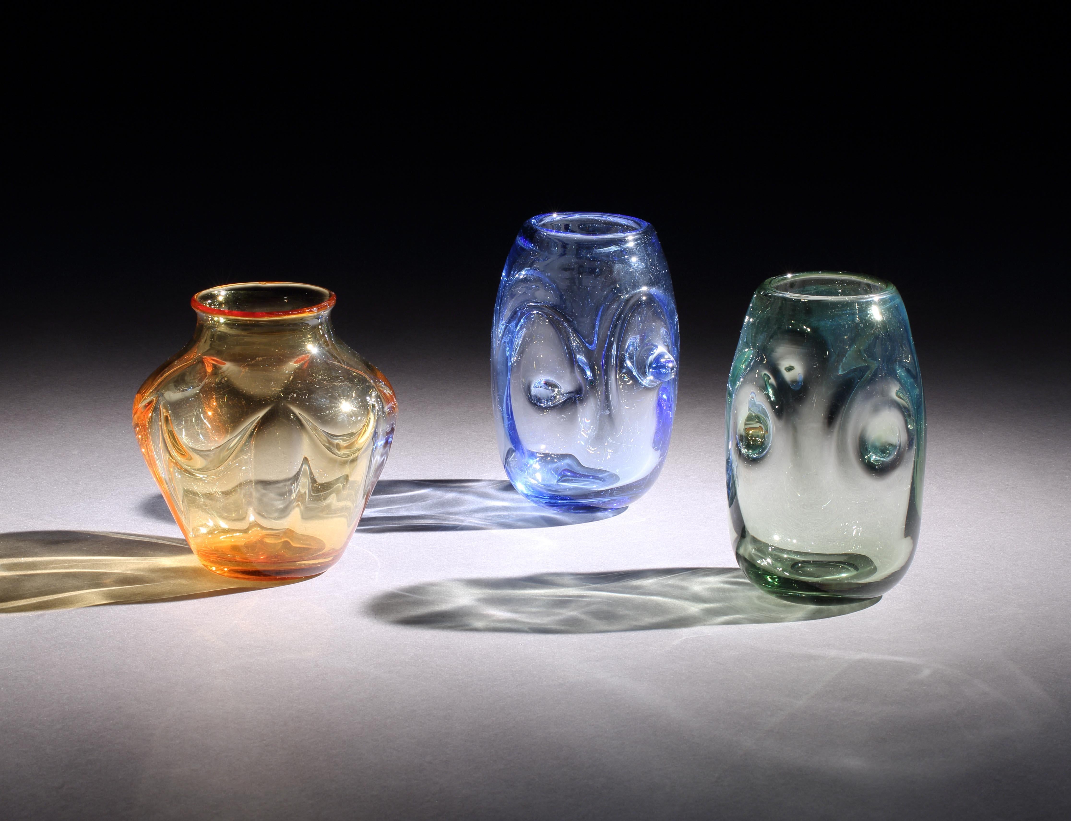 William J Wilson (b.1914) for white friars: Private collection of art deco amber, sapphire, seagreen vases; 1937 & 1938
Iconic Art Deco form, ornament & color in exceptional original condition 

- Whitefriars Glass Company was established in 1680