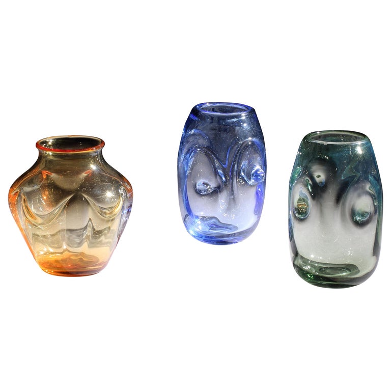 William Wilson Whitefriars Glass Vases Set 3 Amber Sapphire Seagreen at  1stDibs