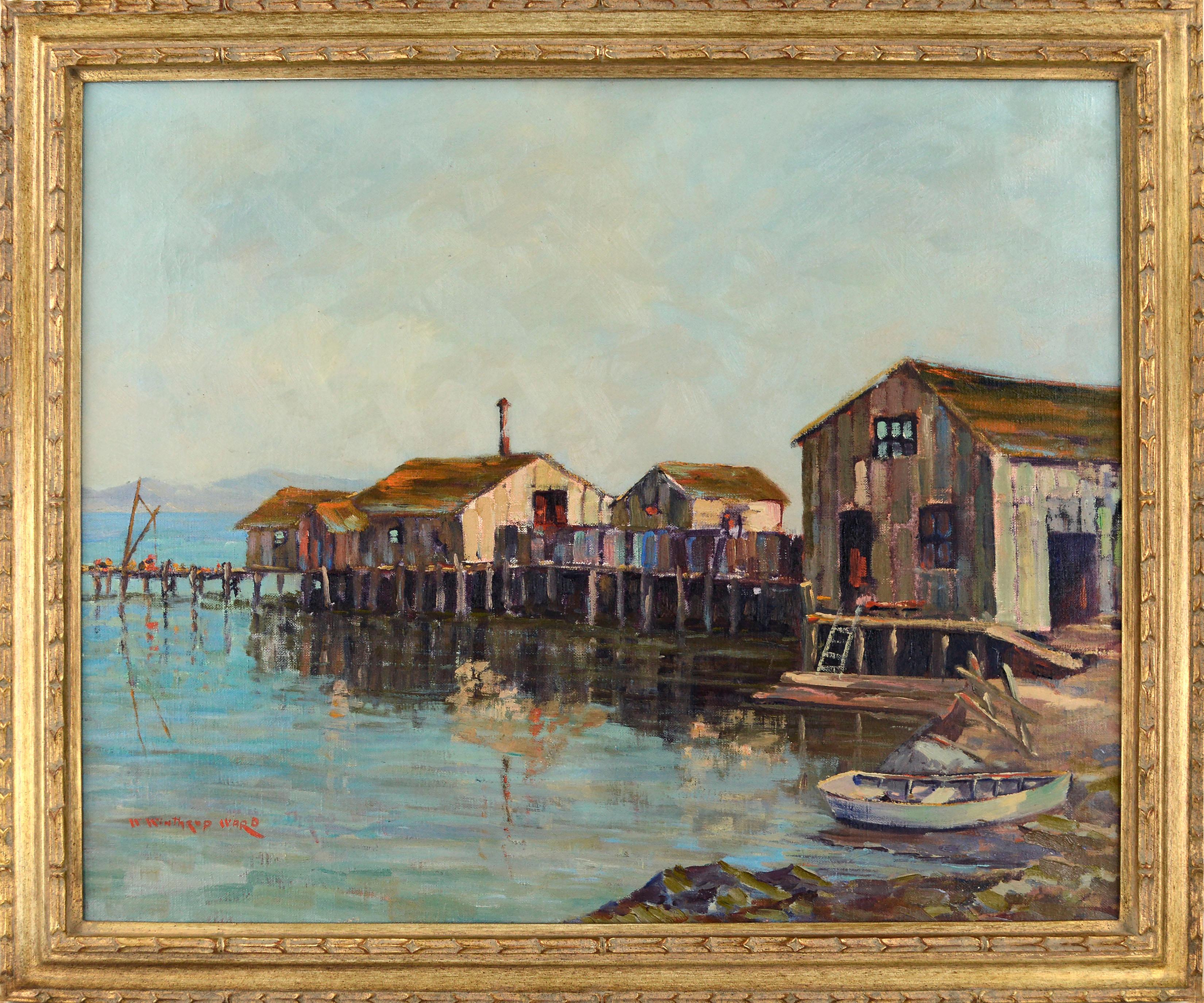 William Winthrop Ward Landscape Painting - Pillar Point Fishing Dock, Half Moon Bay - Mid Century Landscape