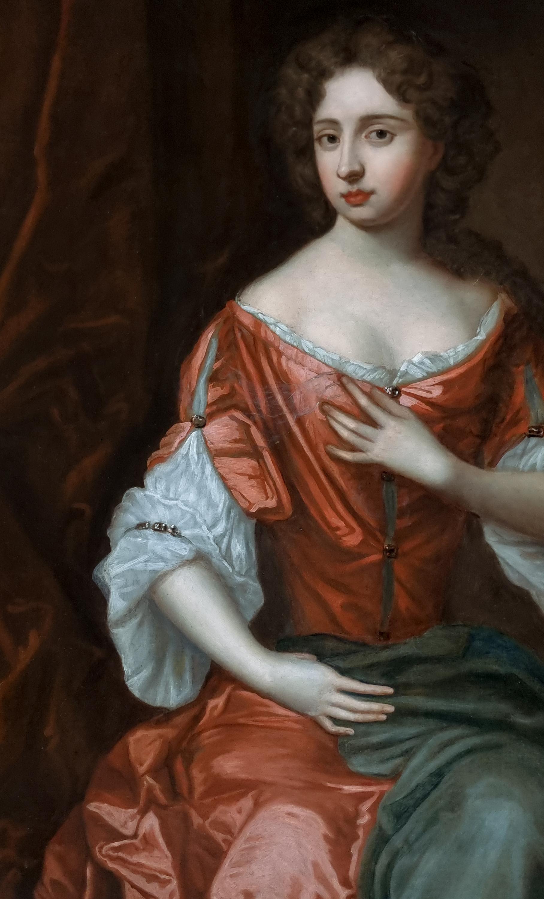 Porträt einer Dame in rotem Kleid auf Porzellan, um 1680, englische Aristokratische Provenienz im Angebot 6
