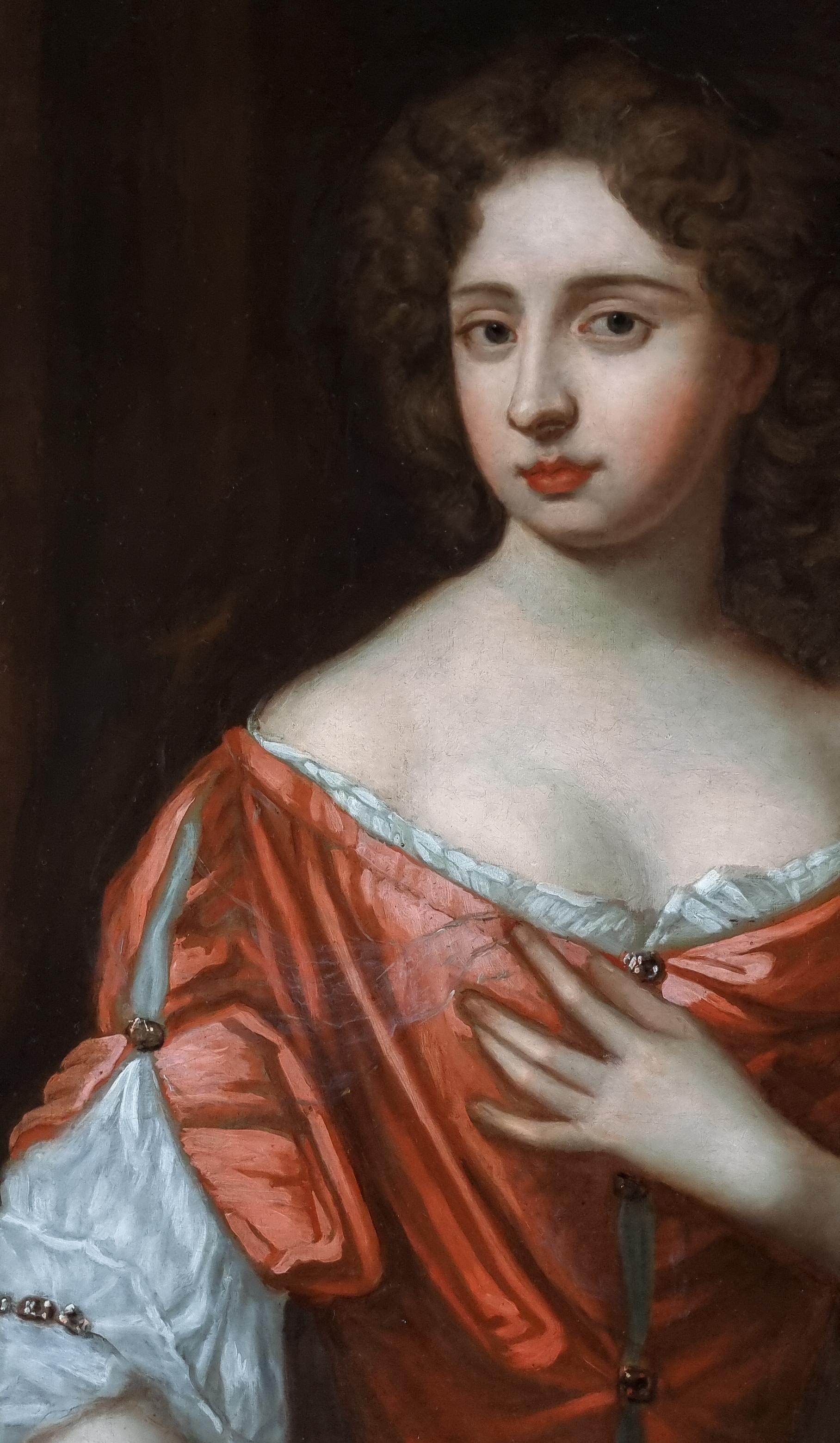 Portrait d'une femme en robe rouge sur porche vers 1680, provenance aristocratique anglaise en vente 8