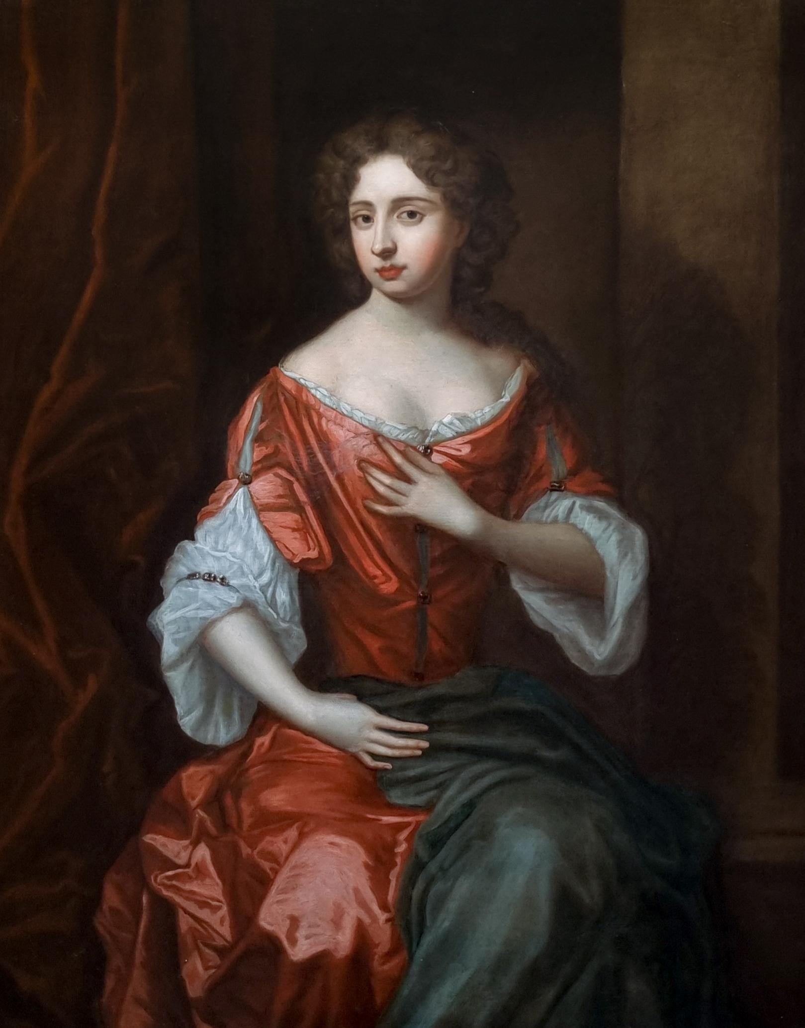 Portrait d'une femme en robe rouge sur porche vers 1680, provenance aristocratique anglaise - Maîtres anciens Painting par William Wissing