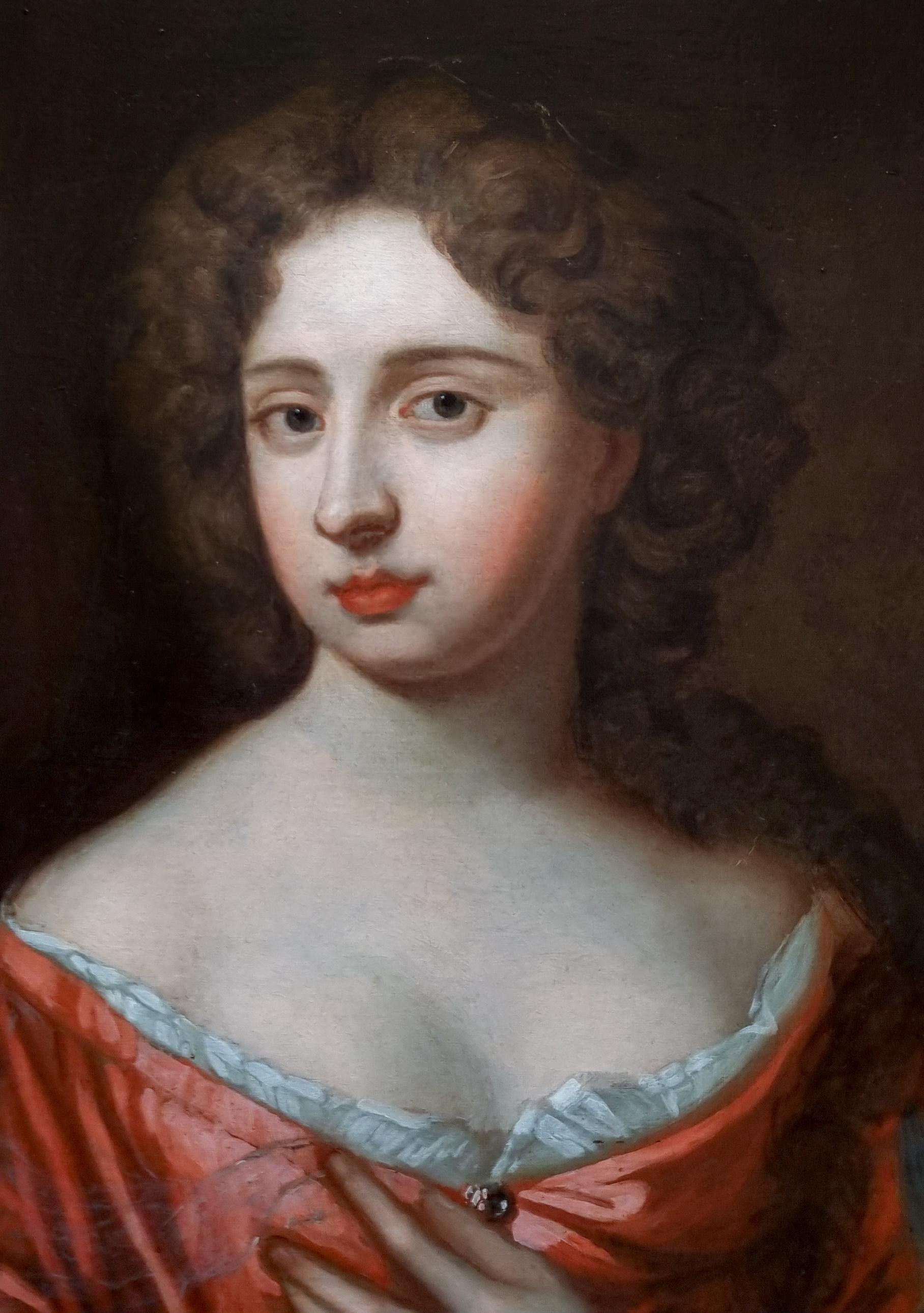 Portrait d'une femme en robe rouge sur porche vers 1680, provenance aristocratique anglaise en vente 1
