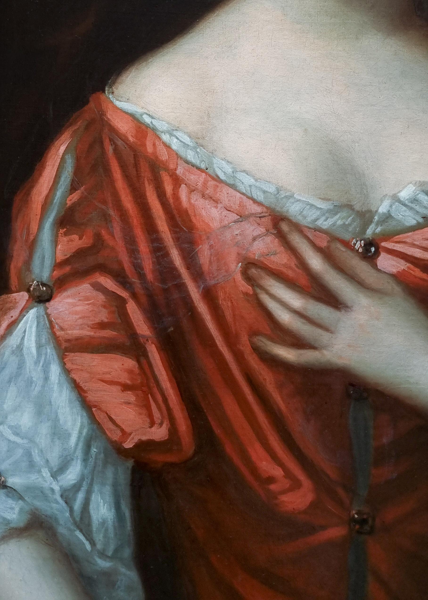 Porträt einer Dame in rotem Kleid auf Porzellan, um 1680, englische Aristokratische Provenienz im Angebot 3