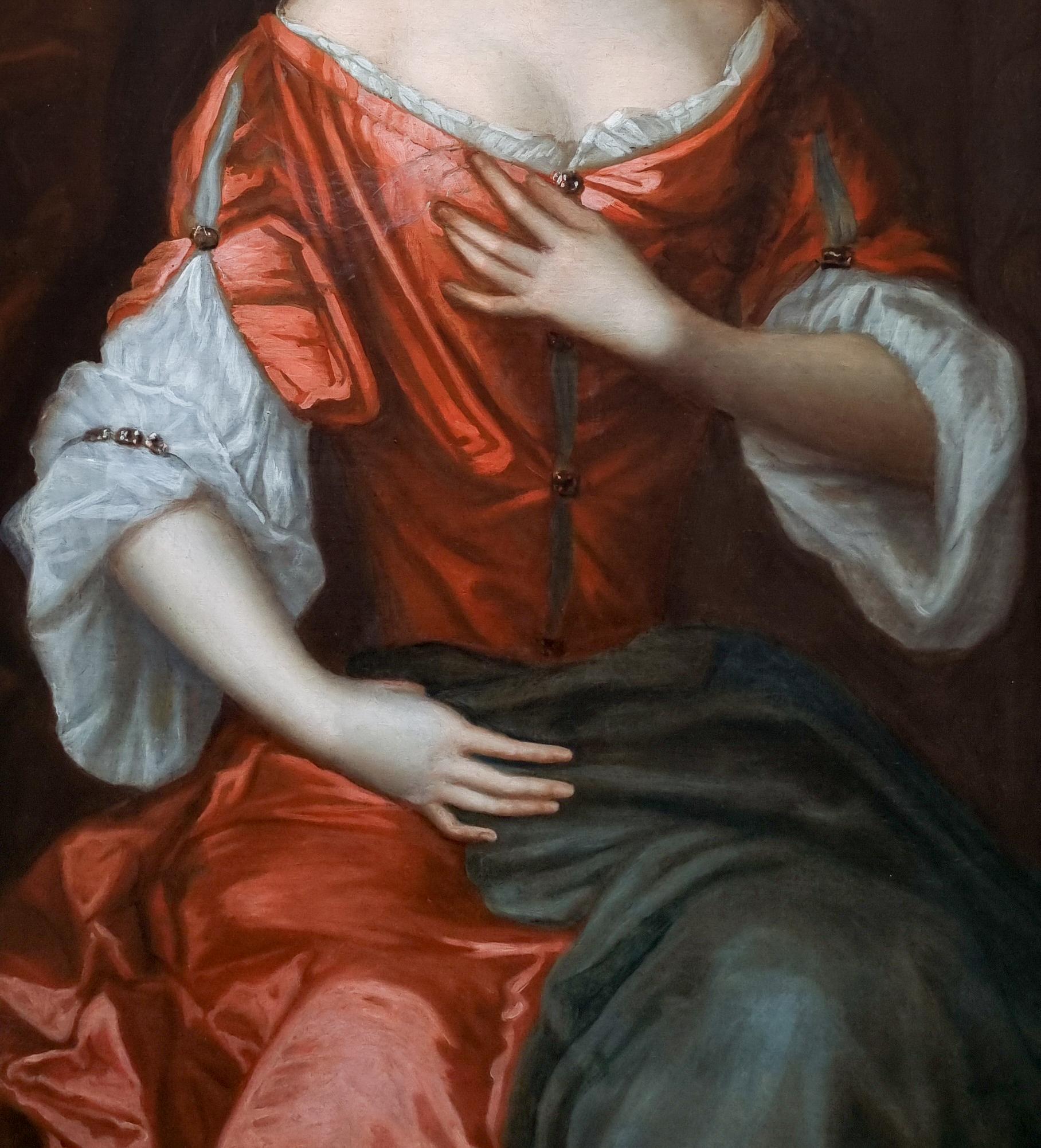 Porträt einer Dame in rotem Kleid auf Porzellan, um 1680, englische Aristokratische Provenienz im Angebot 4
