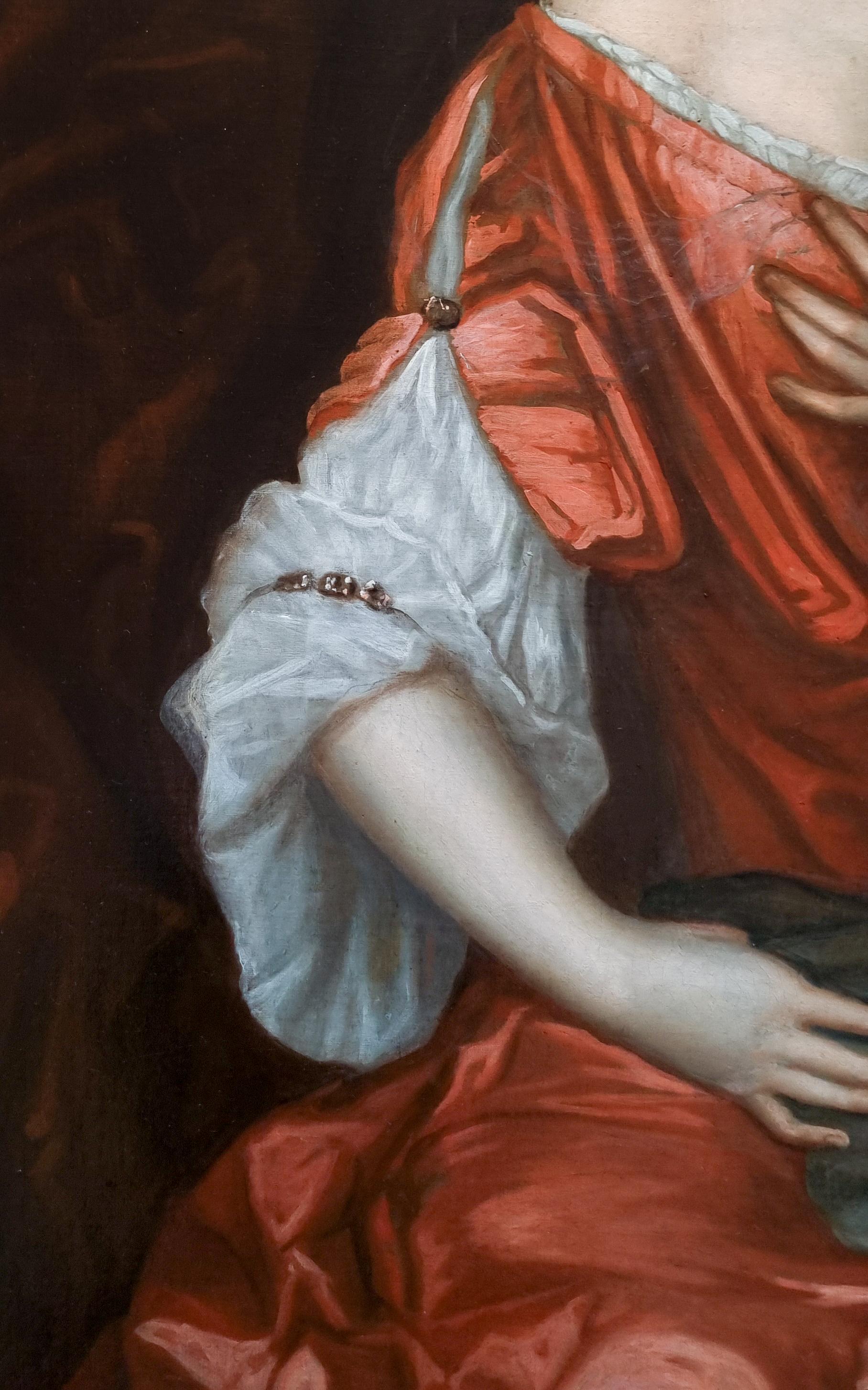 Porträt einer Dame in rotem Kleid auf Porzellan, um 1680, englische Aristokratische Provenienz im Angebot 5