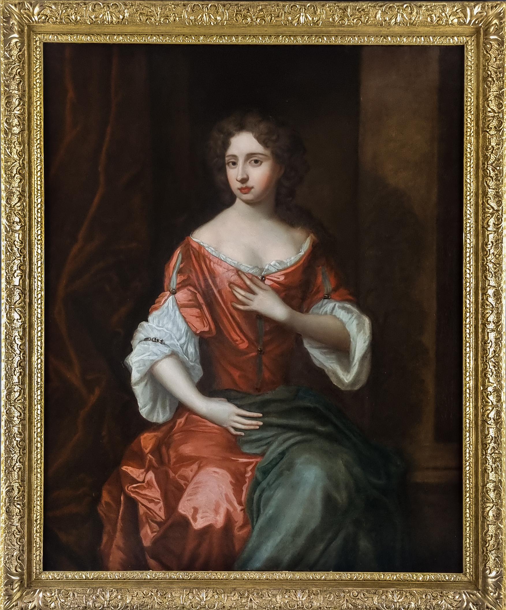 Portrait Painting William Wissing - Portrait d'une femme en robe rouge sur porche vers 1680, provenance aristocratique anglaise