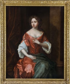 Vintage Portrait of a Lady in Red Dress on Porch c.1680, English Aristocratic Provenance
