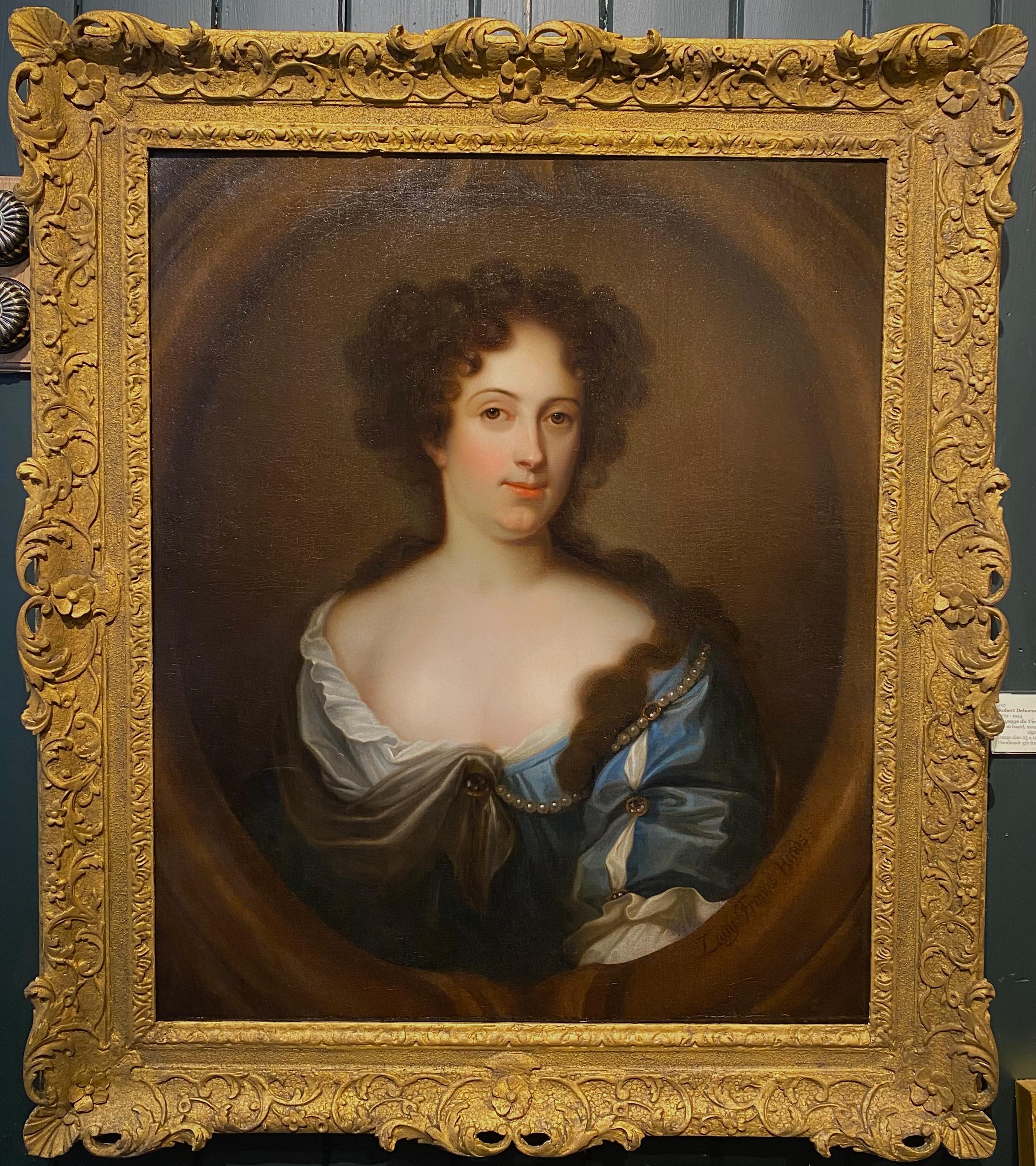 William Wissing
1656-1687
Portrait of Lady Frances Hends
Oil on canvas
Image size: 25 1/4 x 30 1/4 inches (64 x 76.75 cm)
Carved gilt period frame


This is a head and shoulders portrait of a young woman painted with a plain background and