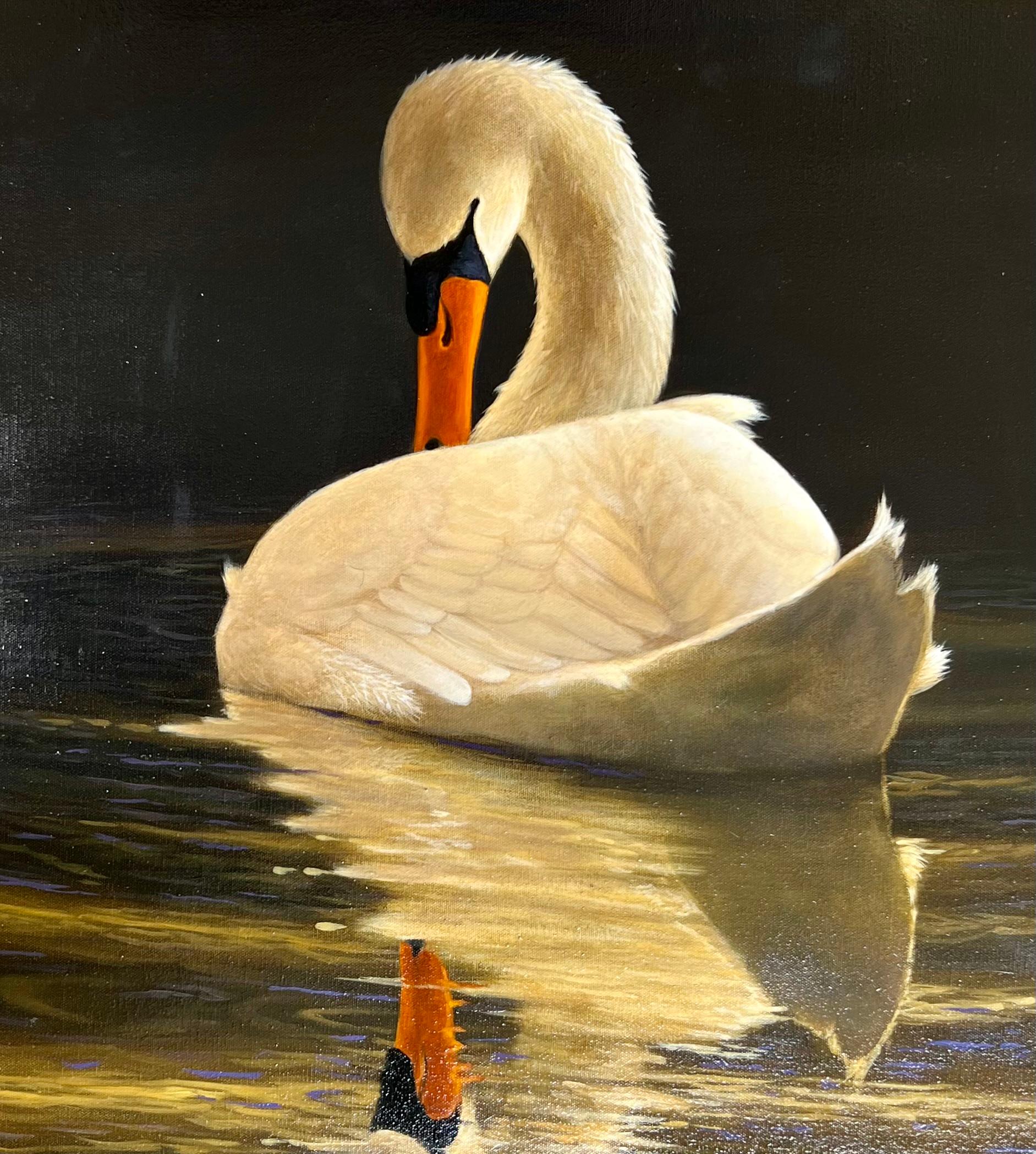 Swan's Reflection - Brown Animal Painting by William Wolk